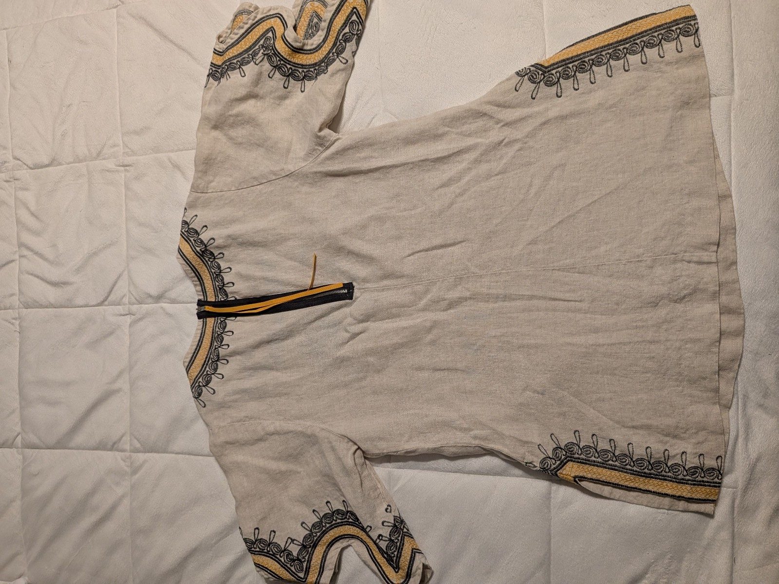 Unbranded Women's Beige Linen Tunic Dress Natural & Black Embroidery One Size