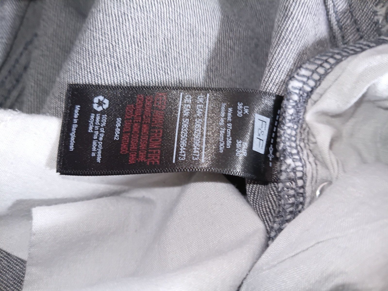 F&F Grey Slim Jeans 38 Waist 30 Length