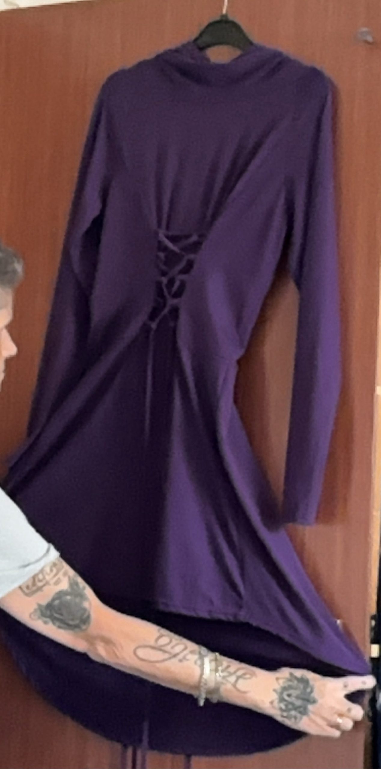 Purple Women Long Sleeve Asymmetric Dress with Hood and Back Lace-Up image 2
