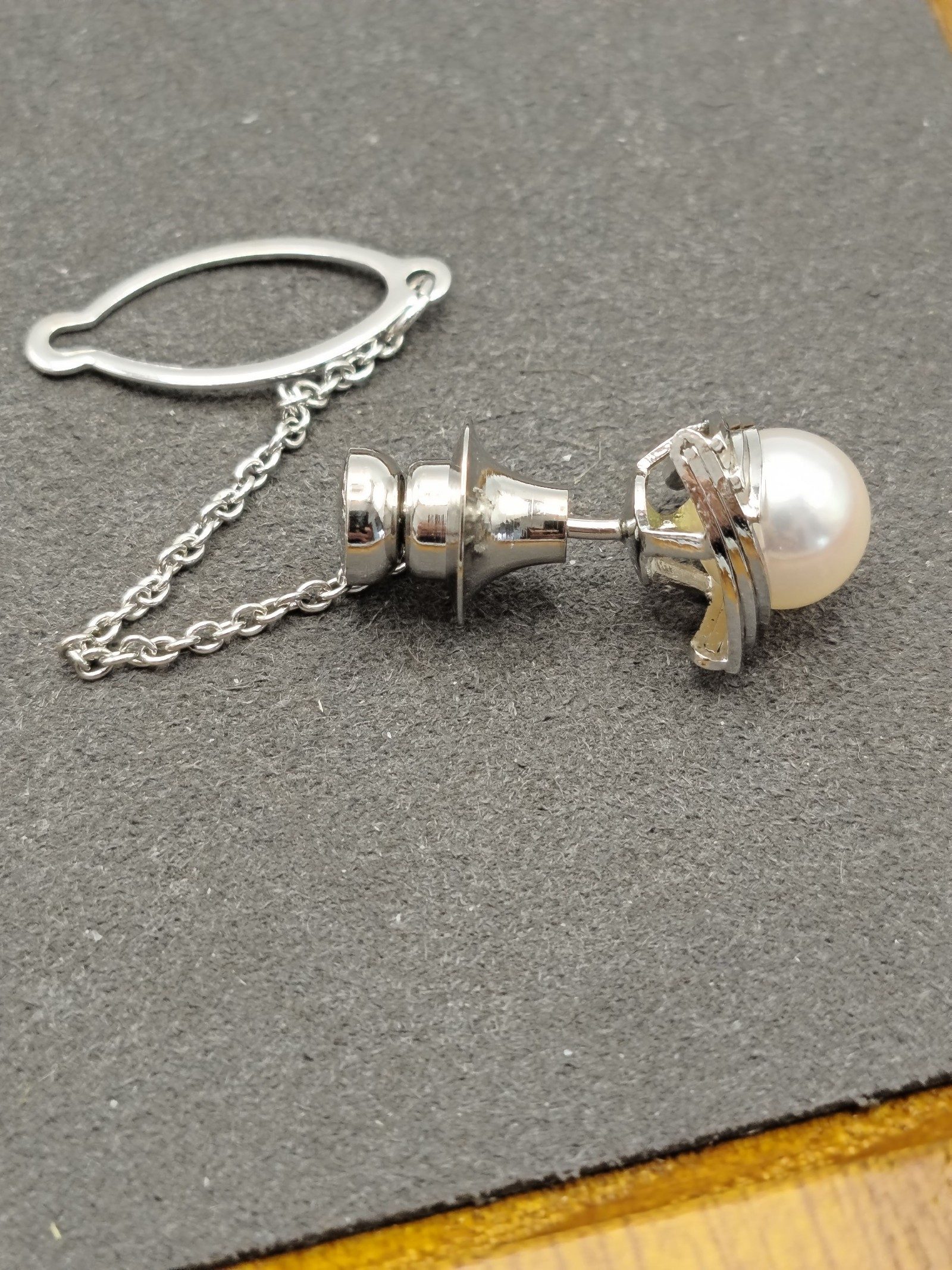 Silver Women's White Pearl tie Pin with Safety Chain Other image 5