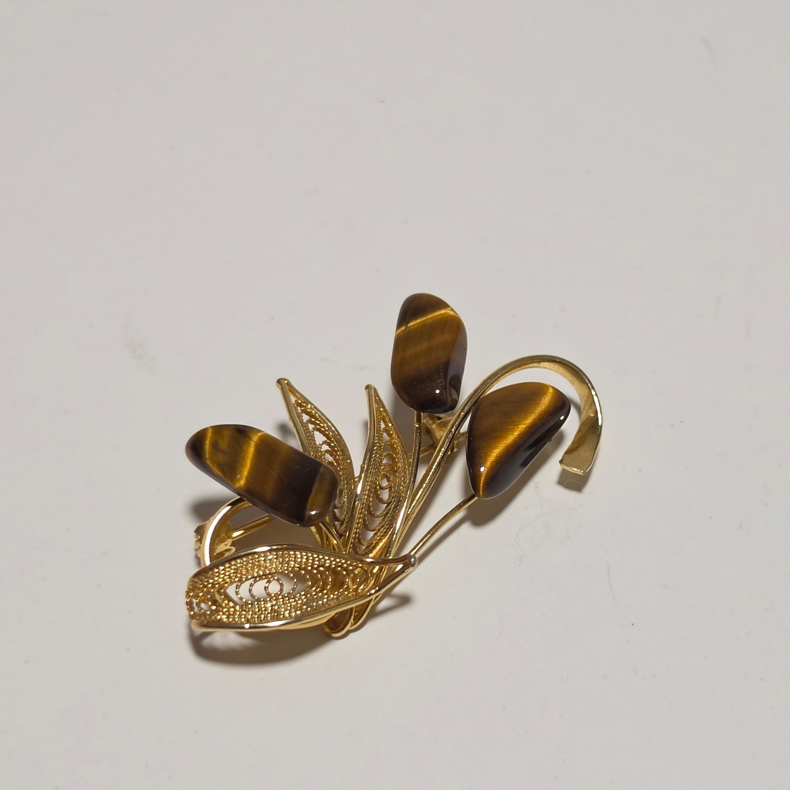 Vintage Gold & Tiger Eye Stone Floral Brooch.b5 image 2
