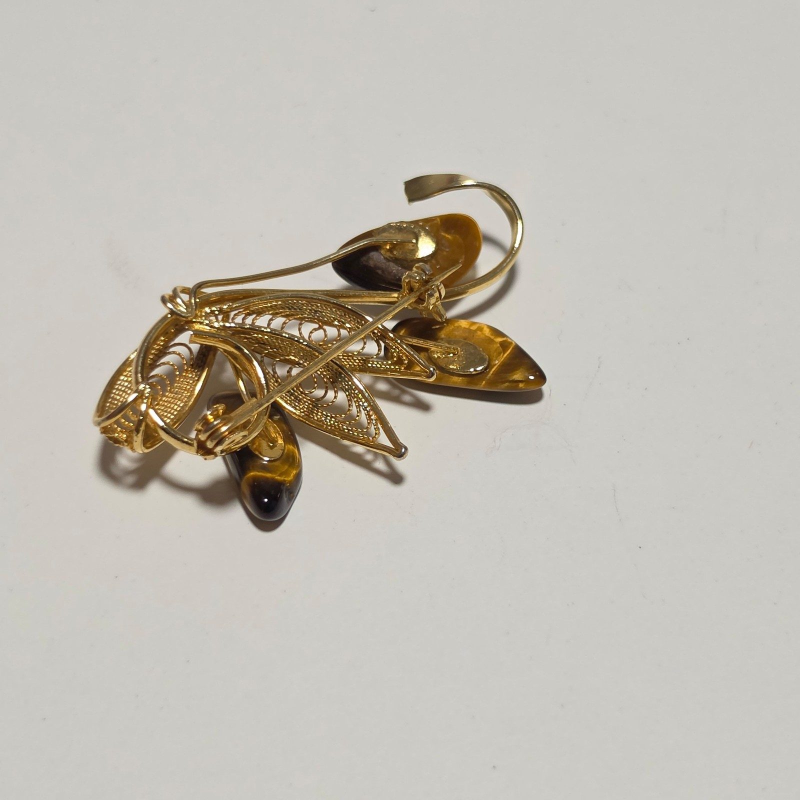 Vintage Gold & Tiger Eye Stone Floral Brooch.b5 image 3