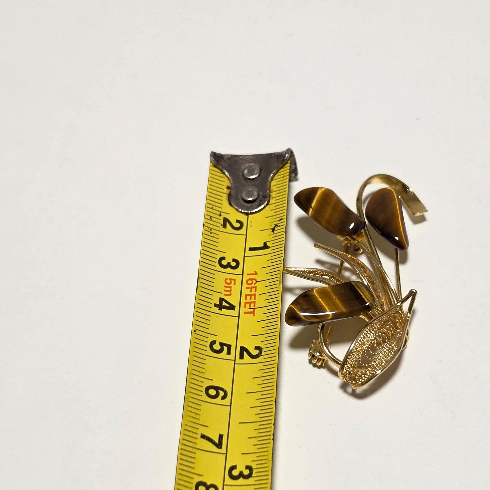 Vintage Gold & Tiger Eye Stone Floral Brooch.b5 image 4