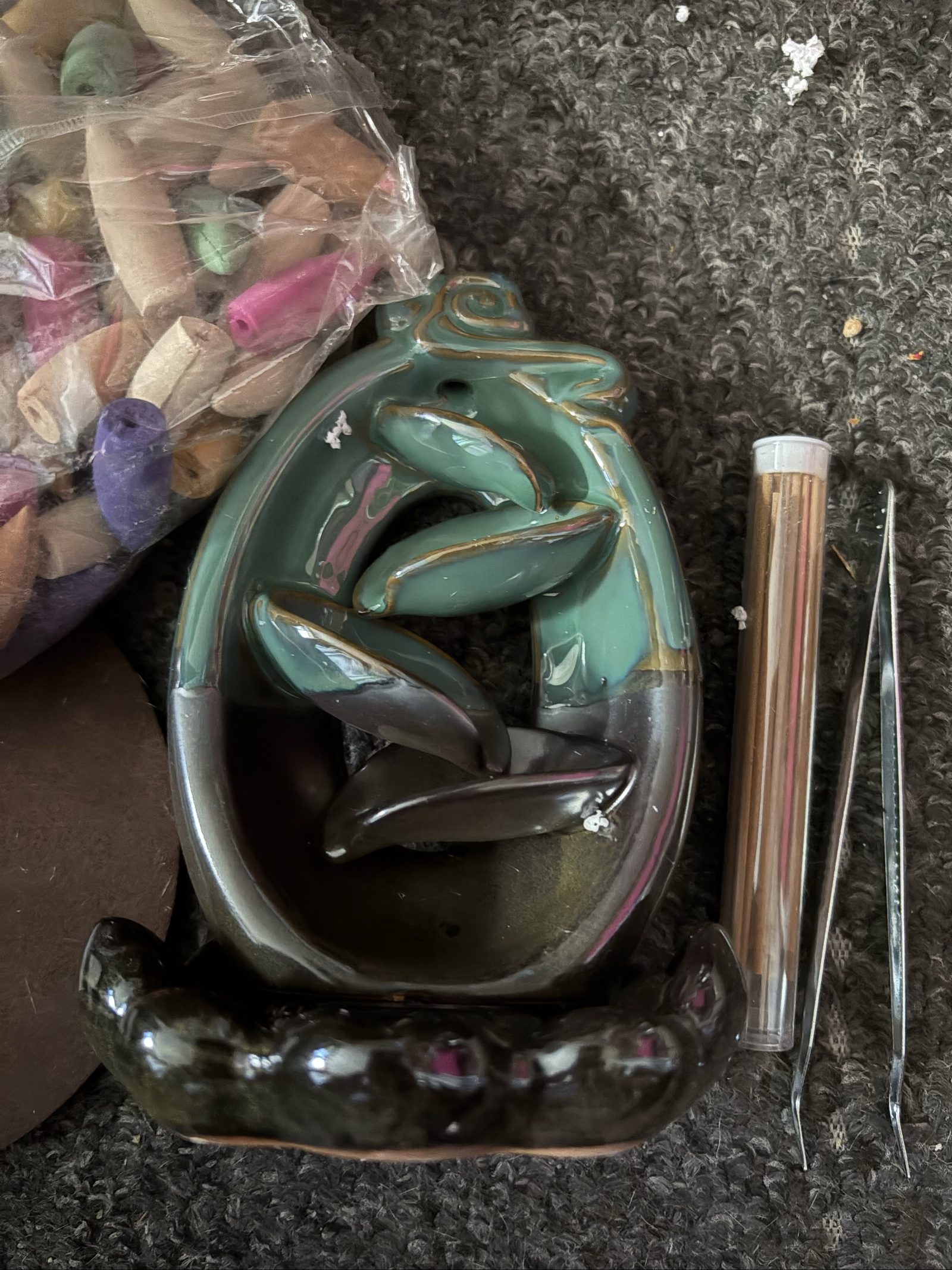 Ceramic Green & Black Backflow Incense Burner Set with Cones & Tweezers