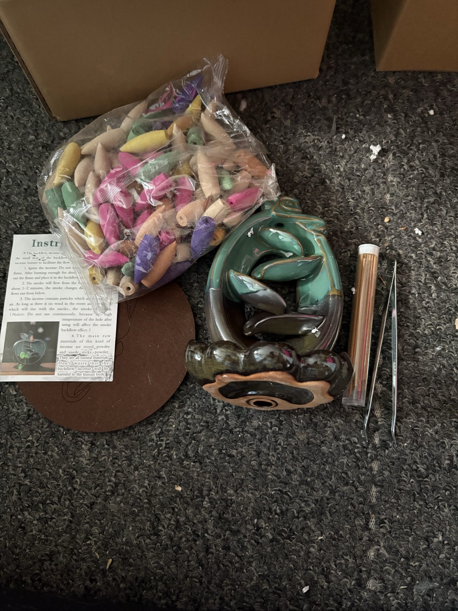 Ceramic Green & Black Backflow Incense Burner Set with Cones & Tweezers image 2