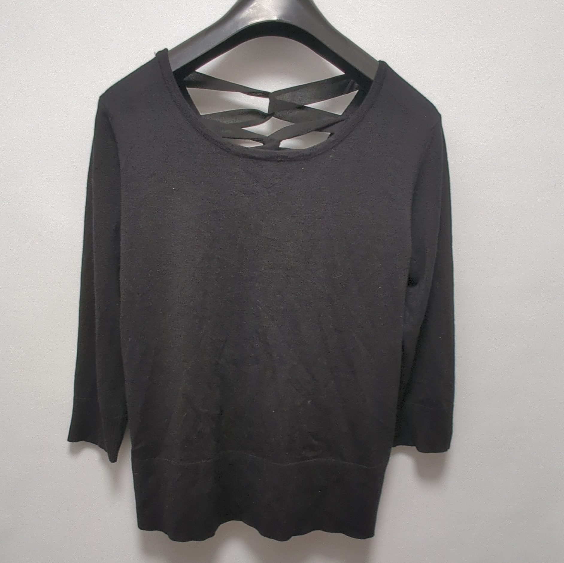 Cable & Gauge Womens Black Knit V-Neck Strap Back Jumper 3/4 Sleeve L