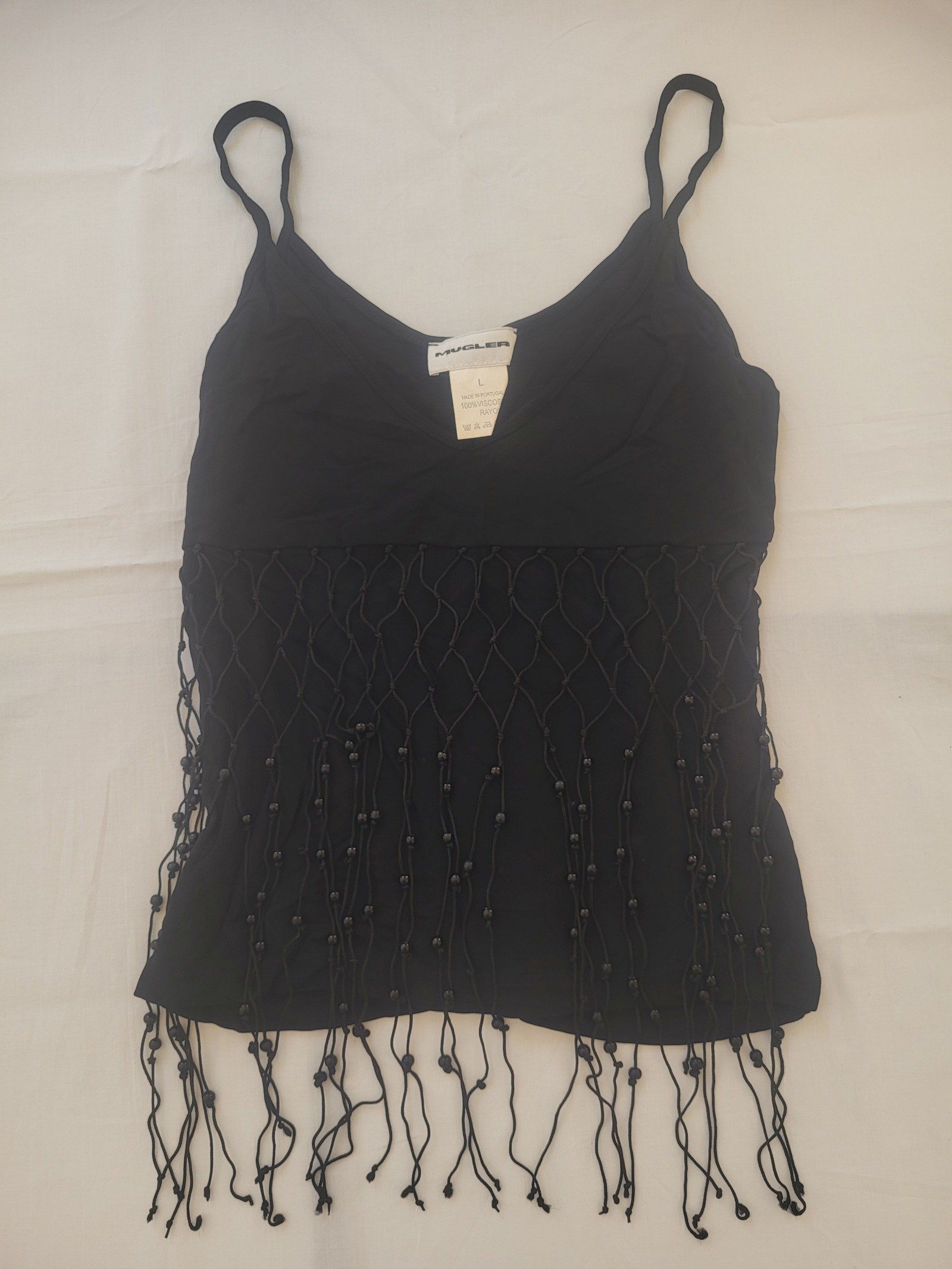 Mugler Black Women's Beaded Fringe Camisole Top Size L Viscose