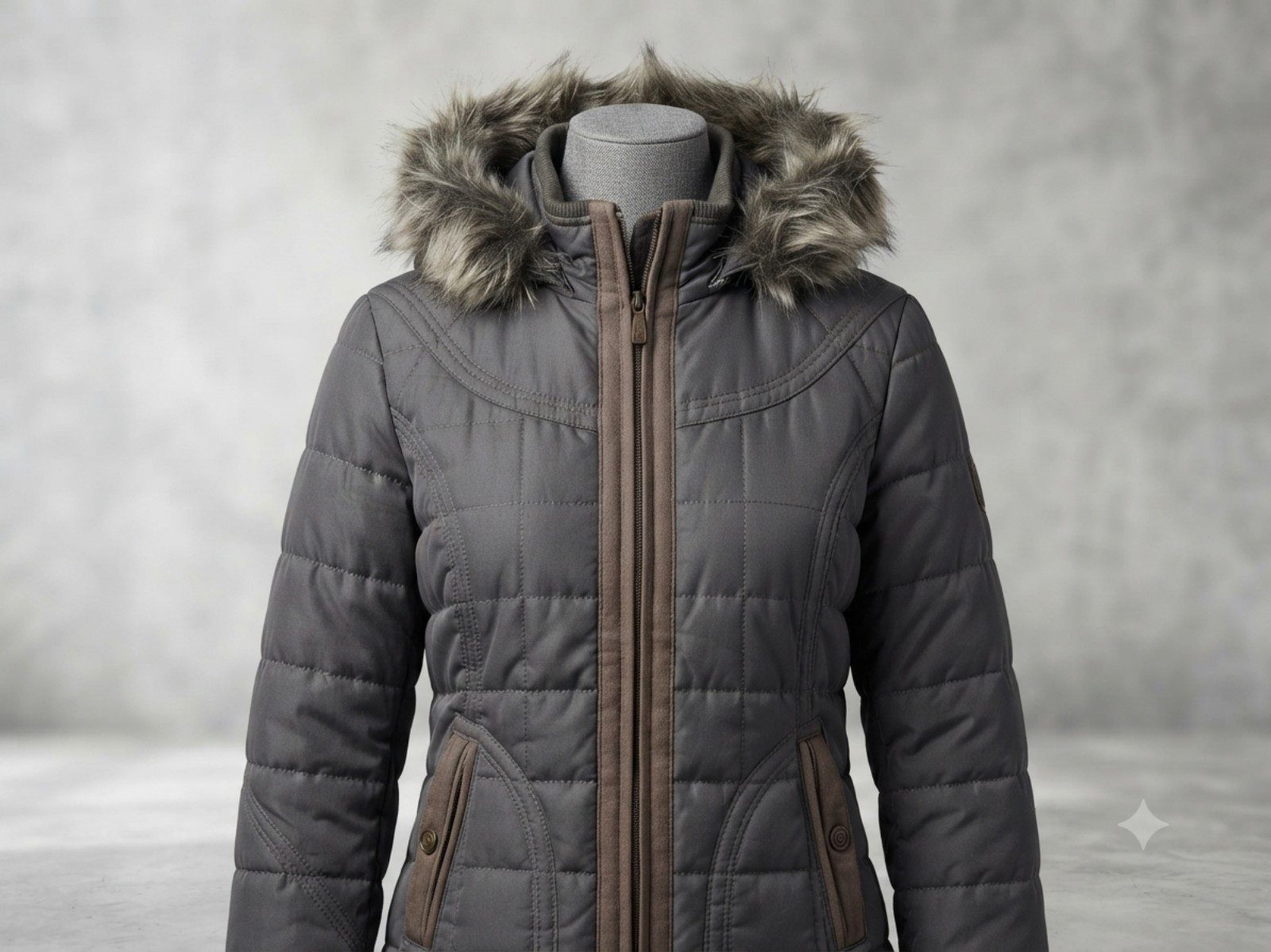 Grey Women's Quilted Faux Fur Hooded Puffer Jacket Large