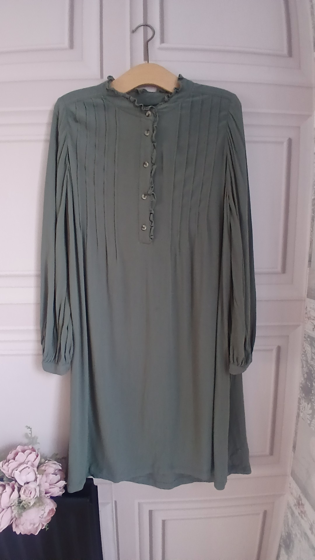 M&S Khaki Women’s Long Sleeve Pintuck Button Front Dress UK 16