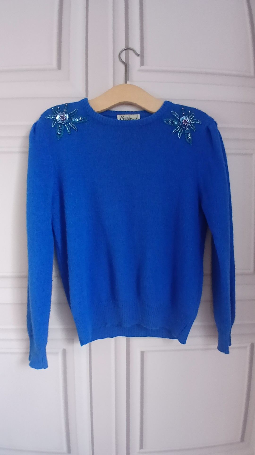 Frank Saul Vintage Blue Embellished Wool Jumper Size 2 (S/M)