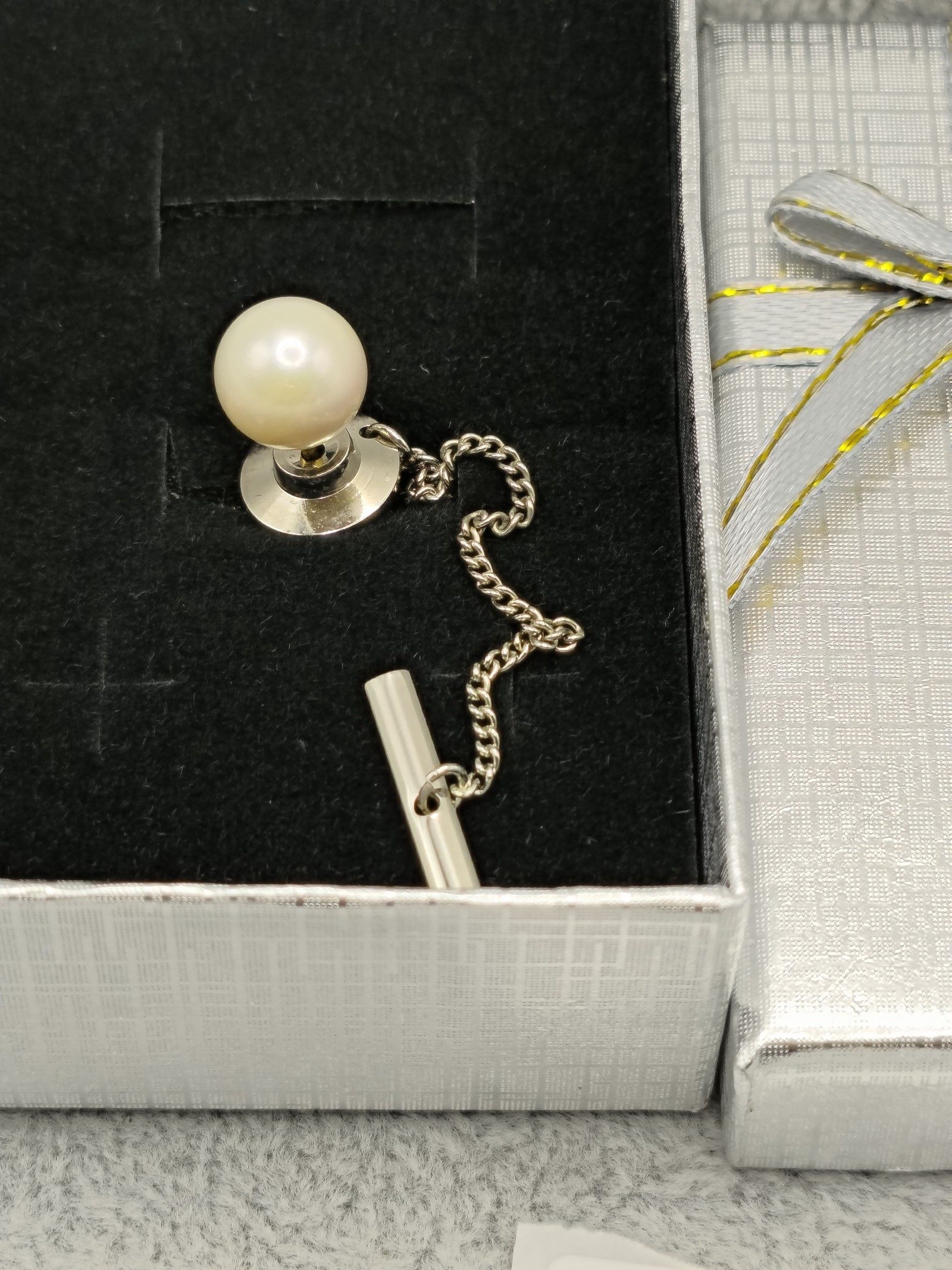 Pearl & Silver Tone Tie Tack Pin with Chain image 2