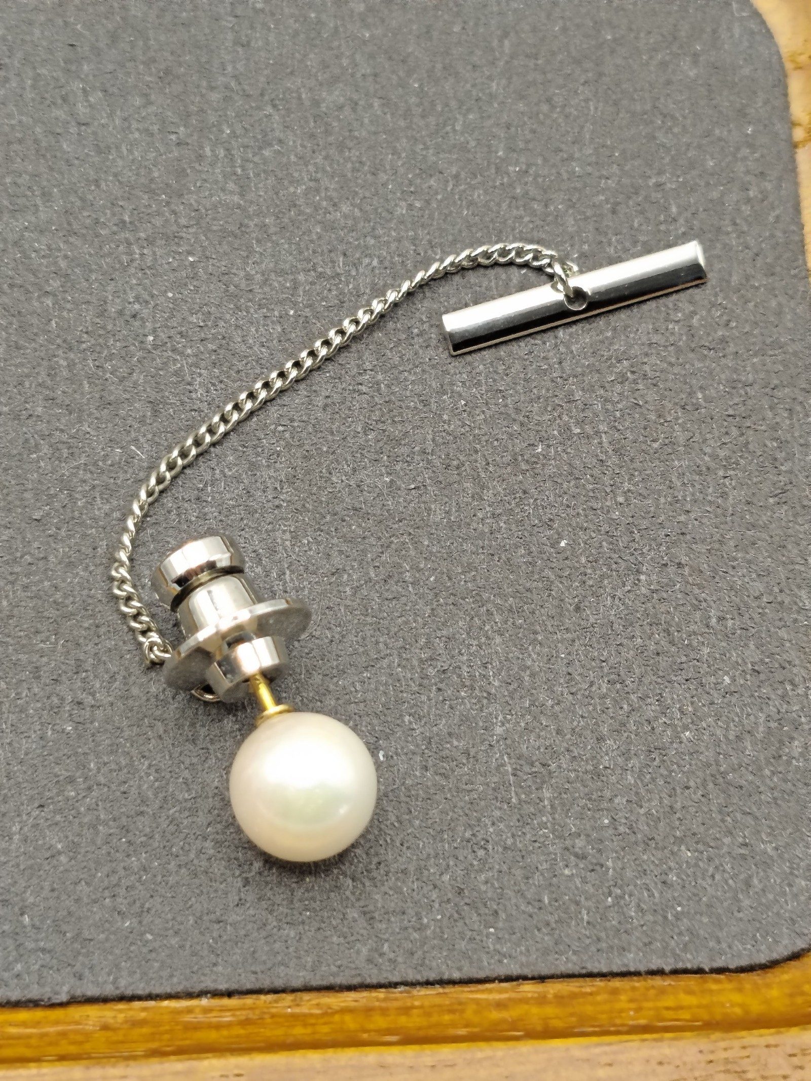Pearl & Silver Tone Tie Tack Pin with Chain image 3