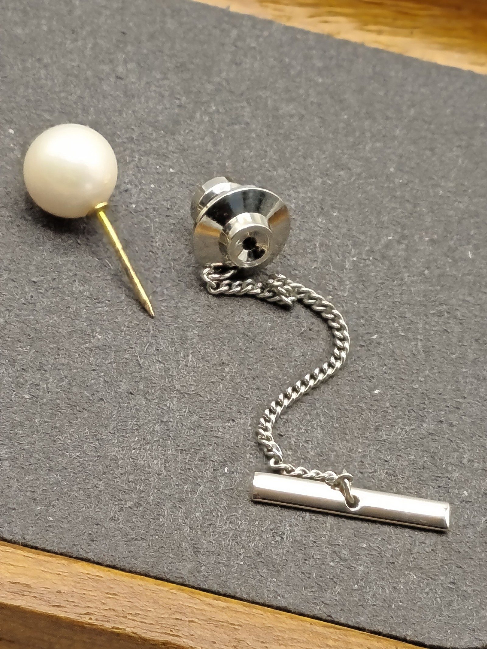 Pearl & Silver Tone Tie Tack Pin with Chain image 6