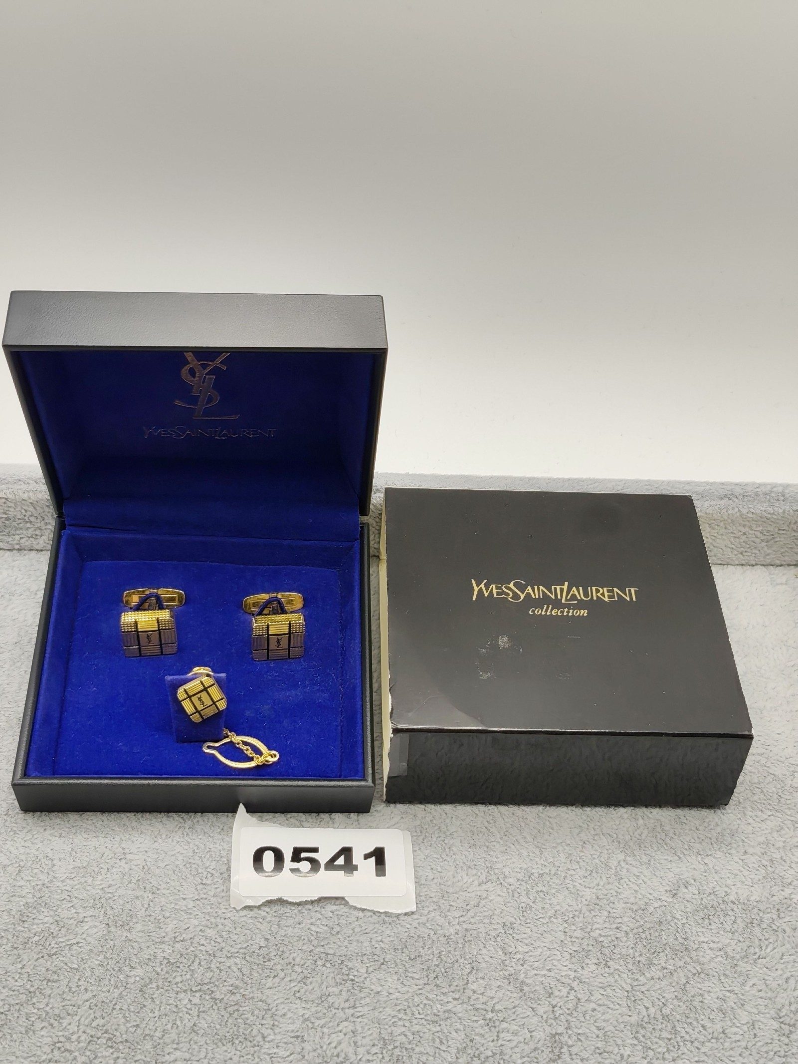 Yves Saint Laurent Gold Tone Logo Cufflinks & Tie Clip Set