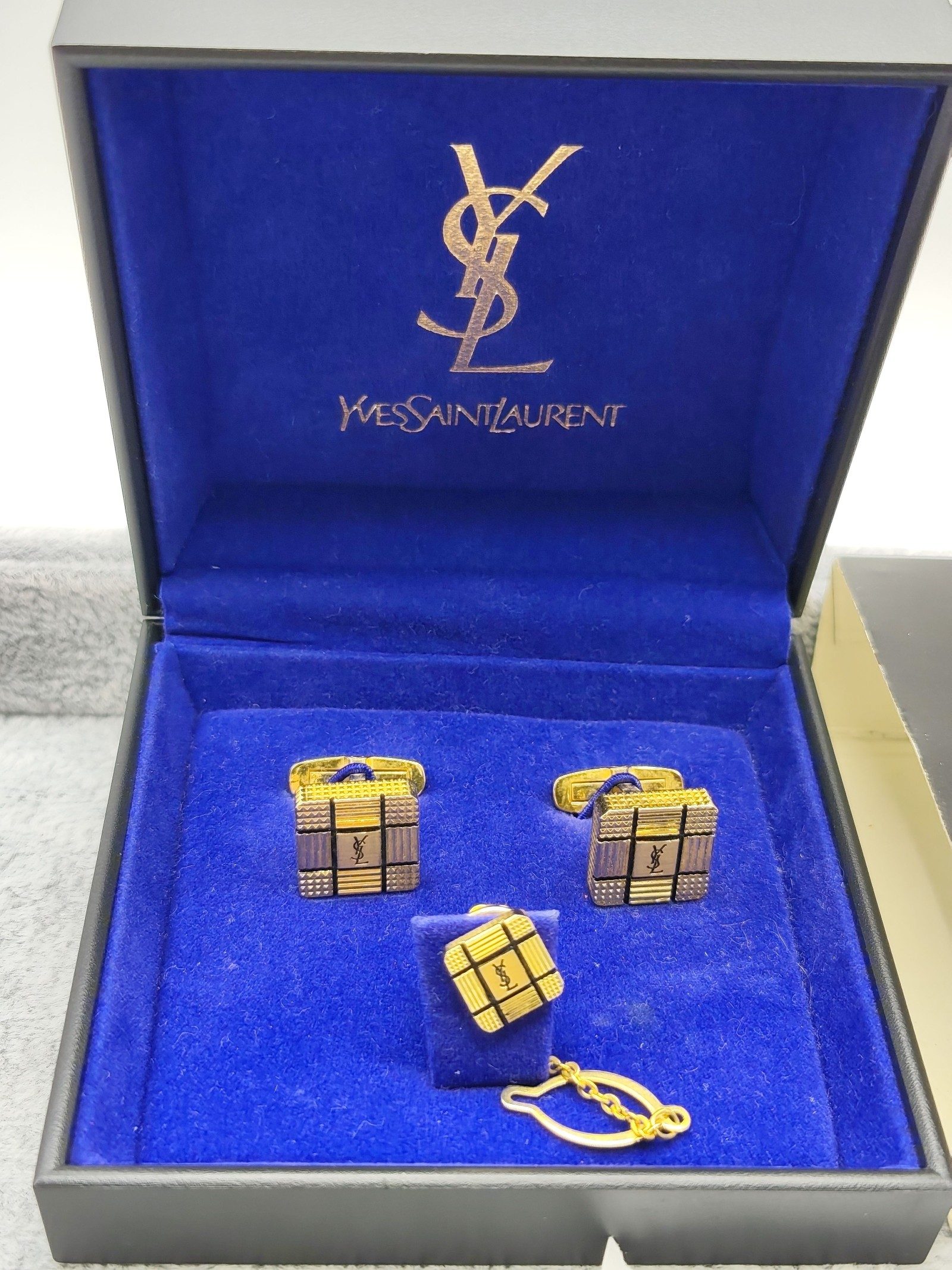 Yves Saint Laurent Gold Tone Logo Cufflinks & Tie Clip Set image 2