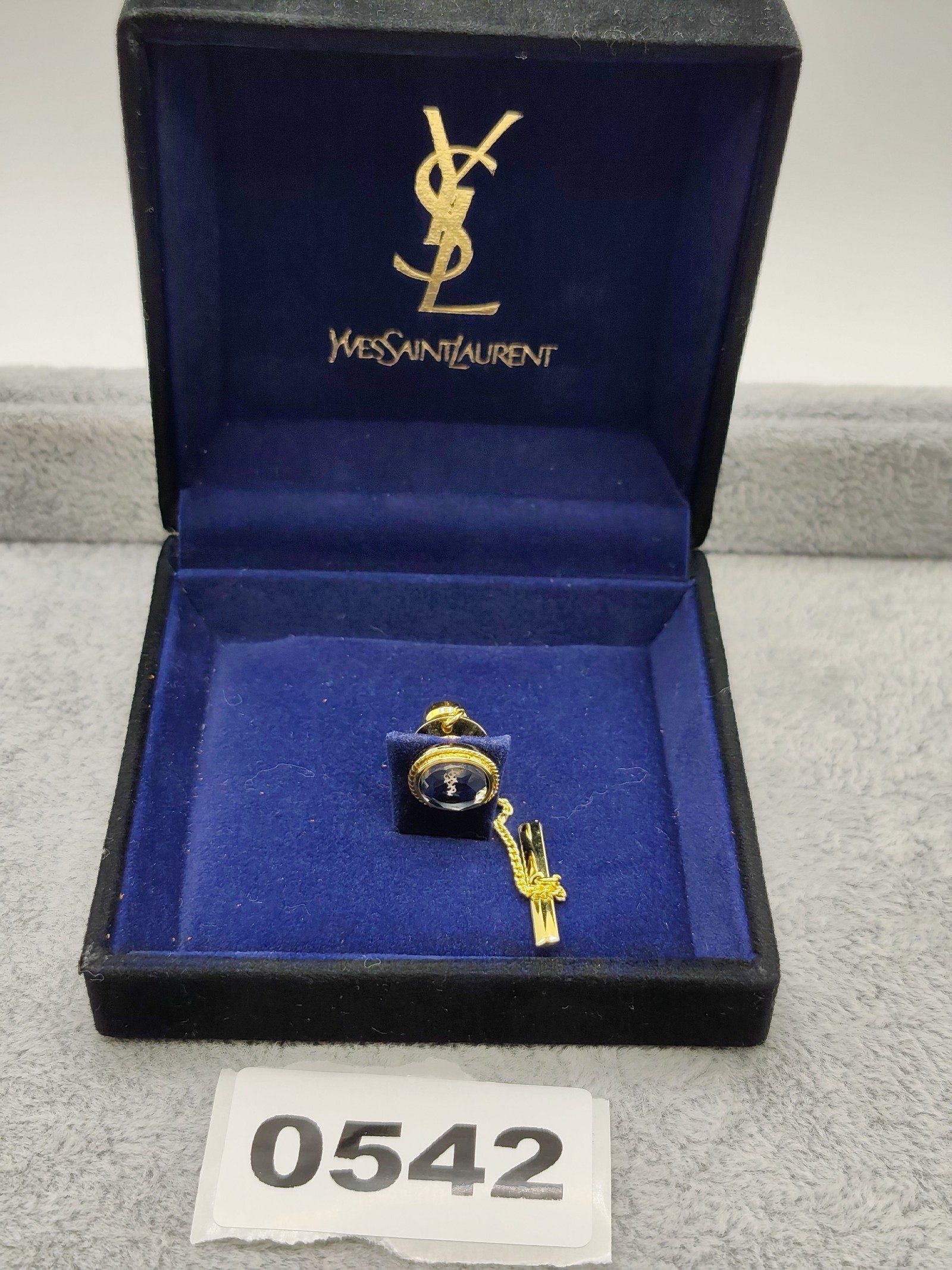 Yves Saint Laurent Gold & Blue Tie Tack Pin in Box