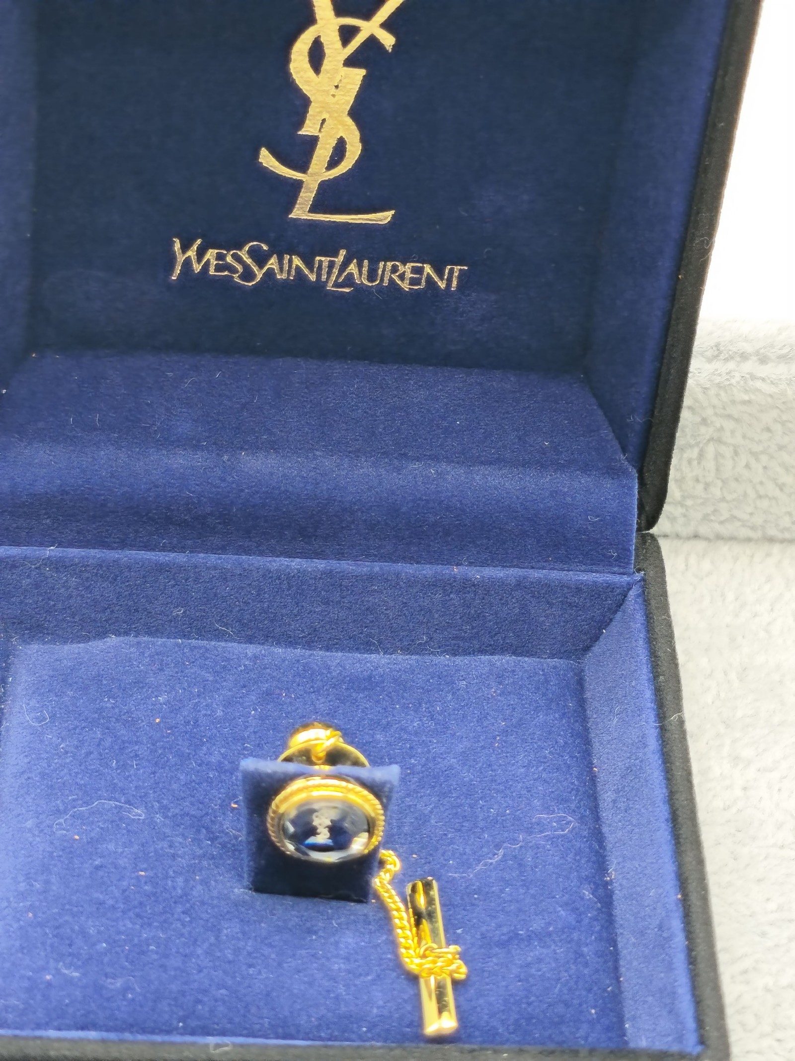 Yves Saint Laurent Gold & Blue Tie Tack Pin in Box image 2