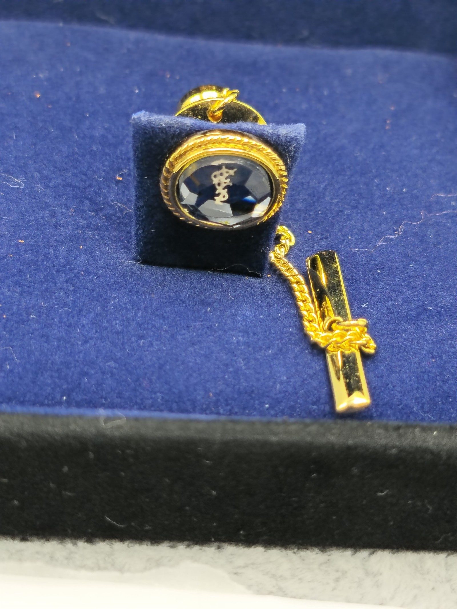 Yves Saint Laurent Gold & Blue Tie Tack Pin in Box image 3