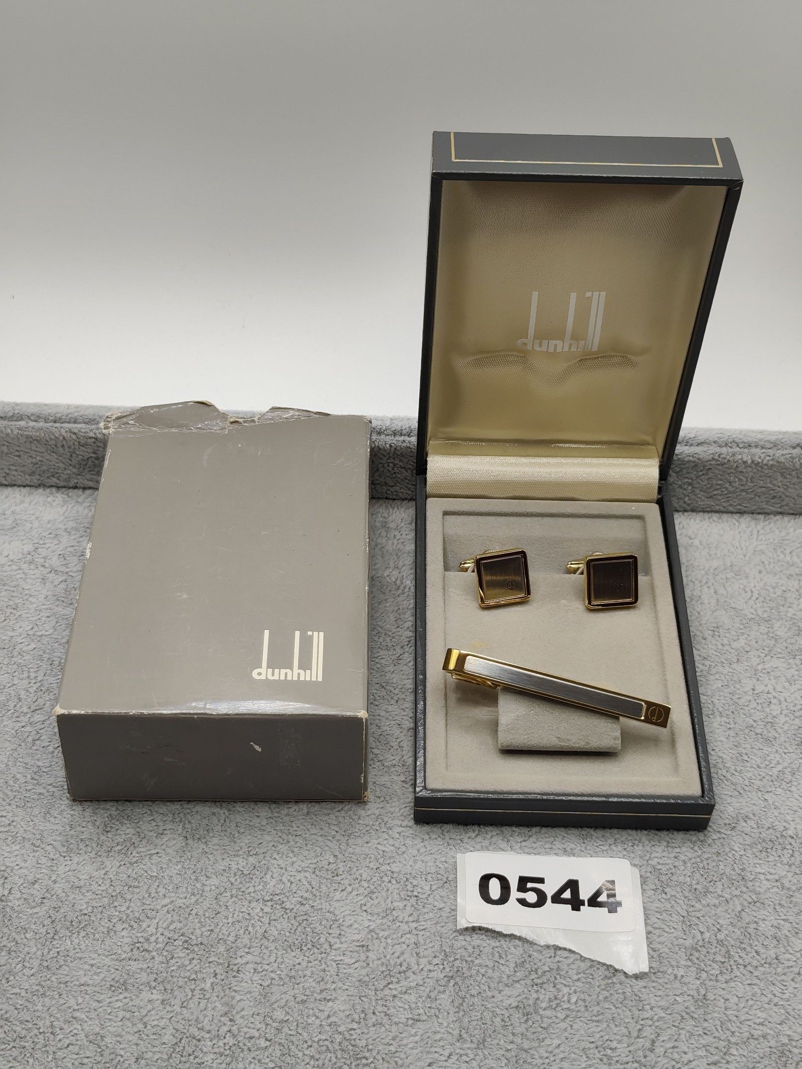 Dunhill Gold Tone & Brown Cufflinks & Tie Clip Set
