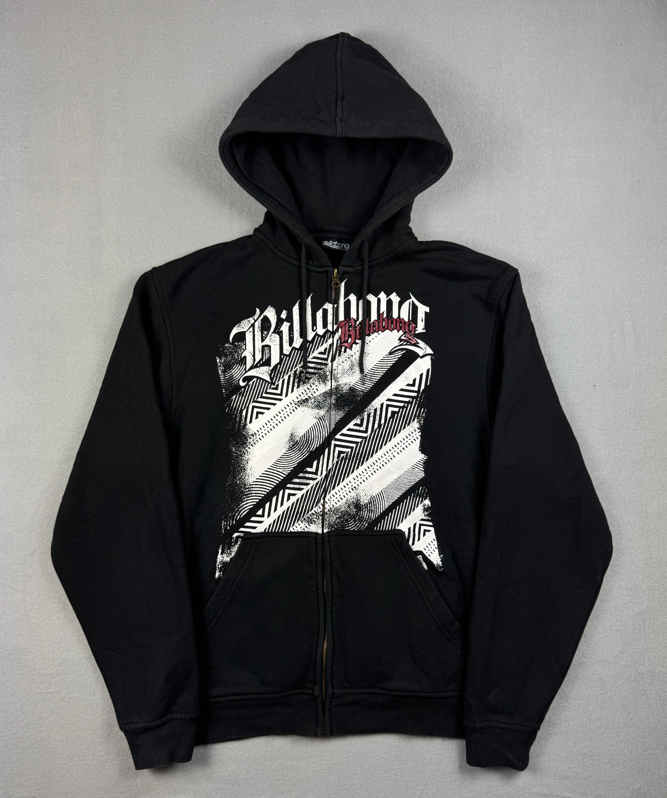 Billabong Black & White Graphic Zip Hoodie Medium Y2K Streetwear Size M