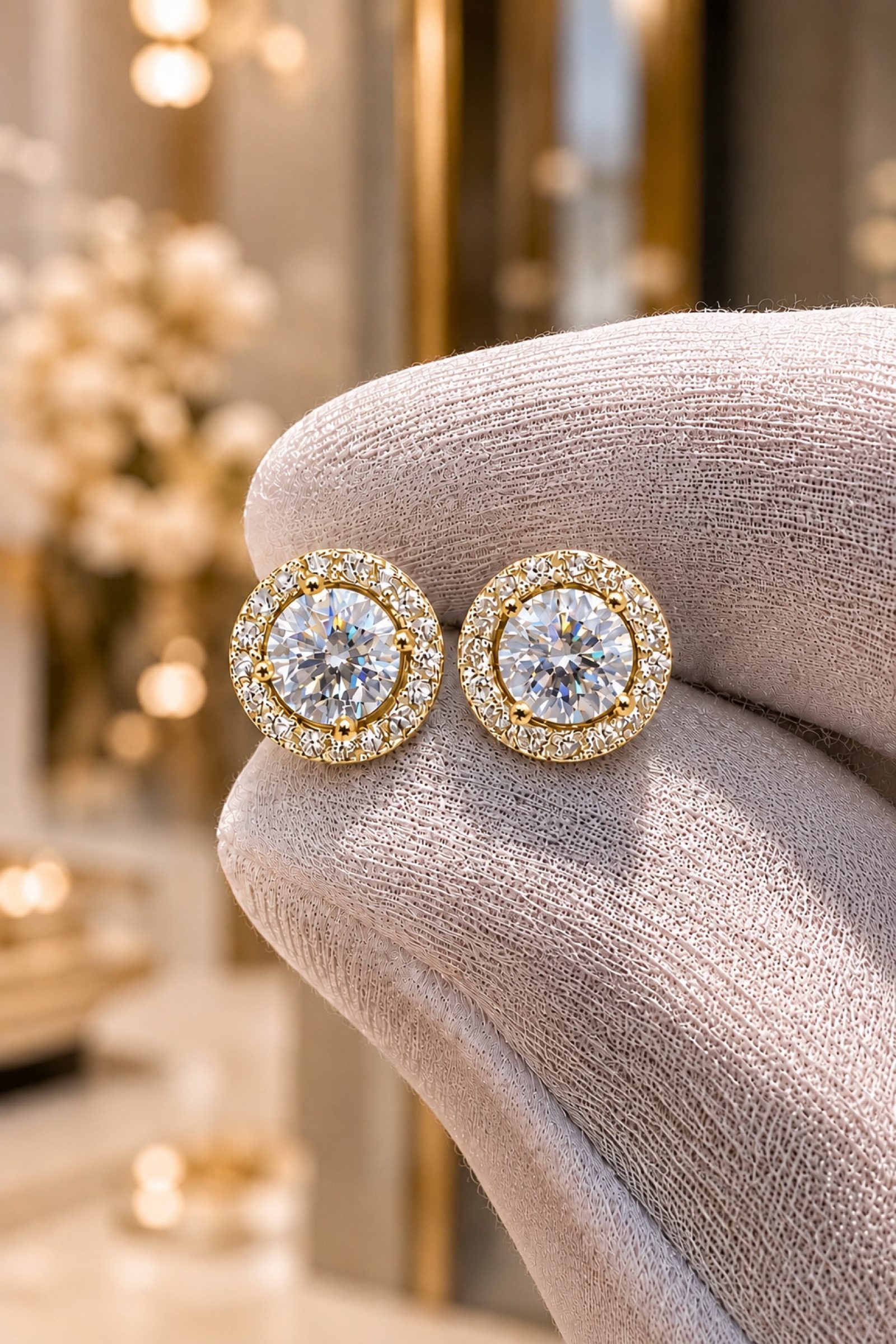 Gold & White Crystal Stud Earrings Round Halo