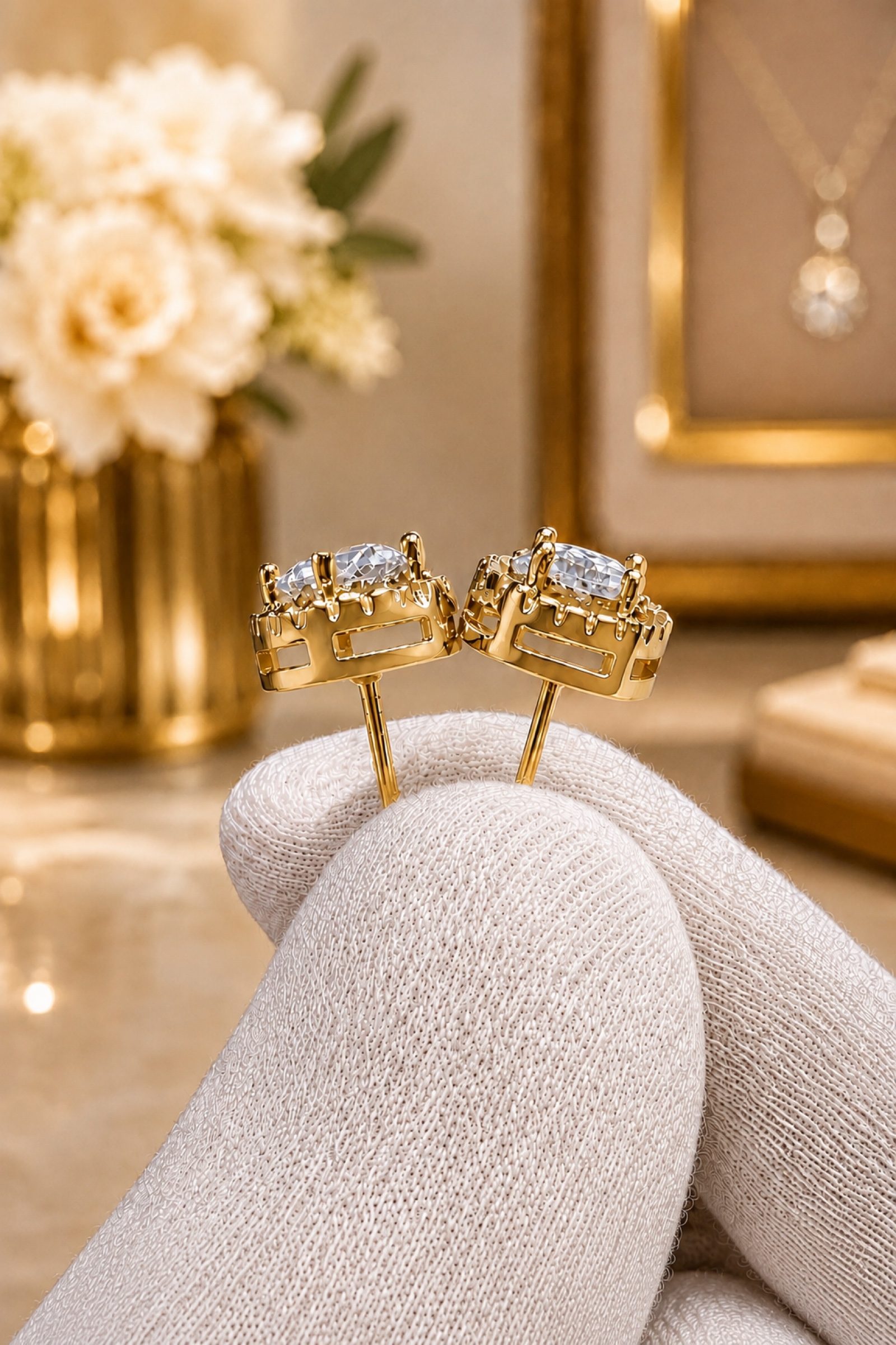Gold & White Crystal Stud Earrings Round Halo image 2