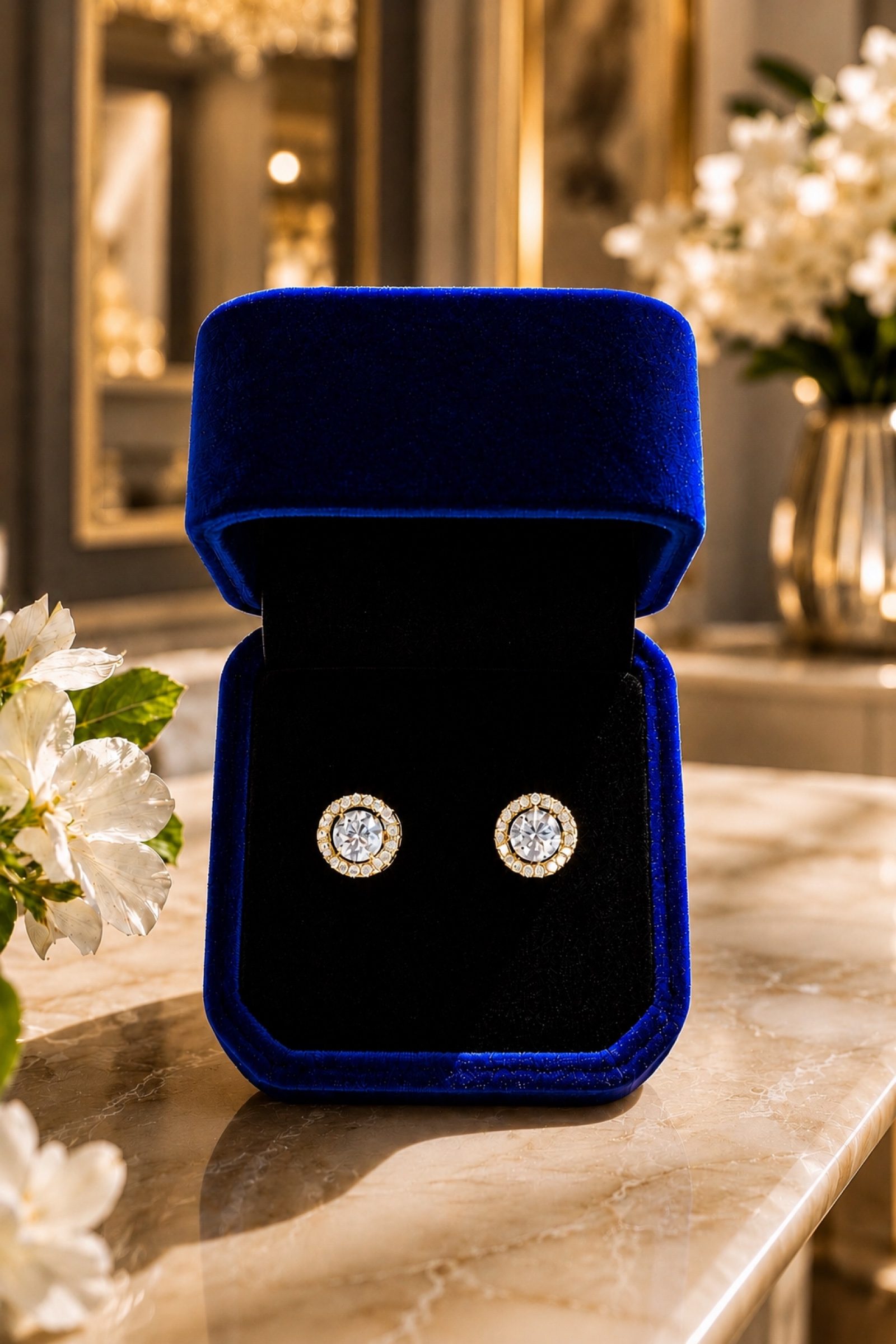 Gold & White Crystal Stud Earrings Round Halo image 3