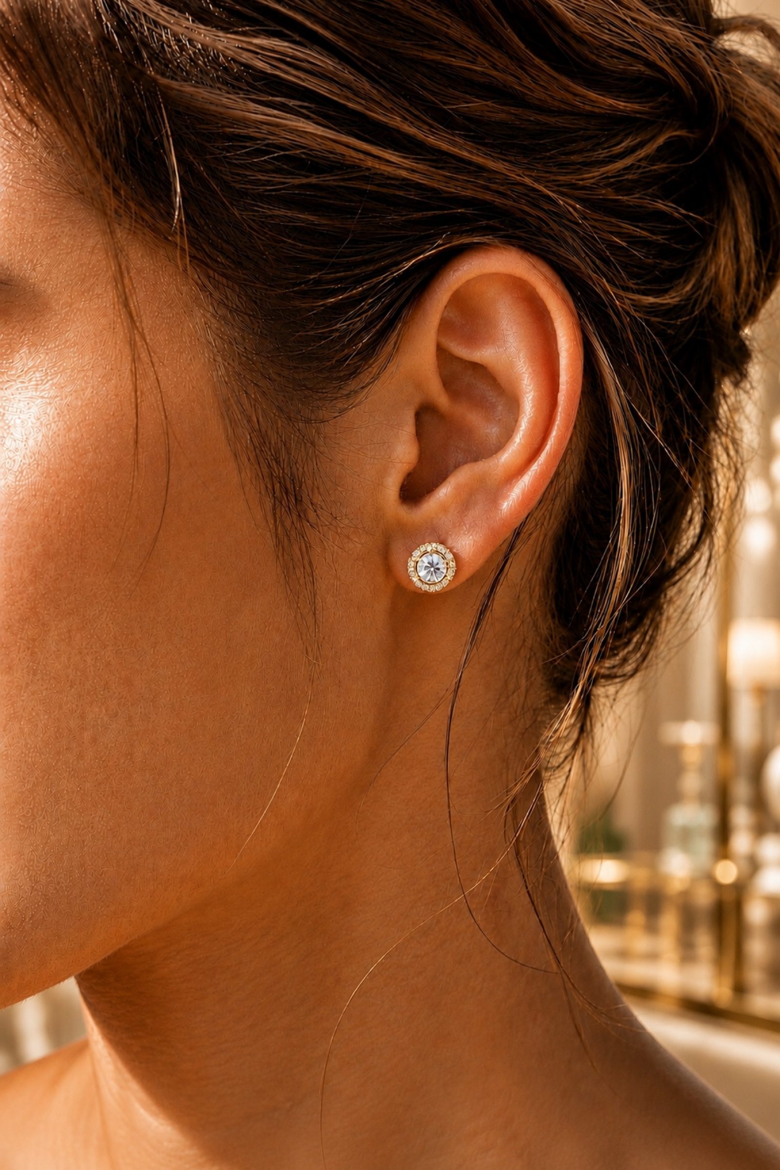 Gold & White Crystal Stud Earrings Round Halo image 4