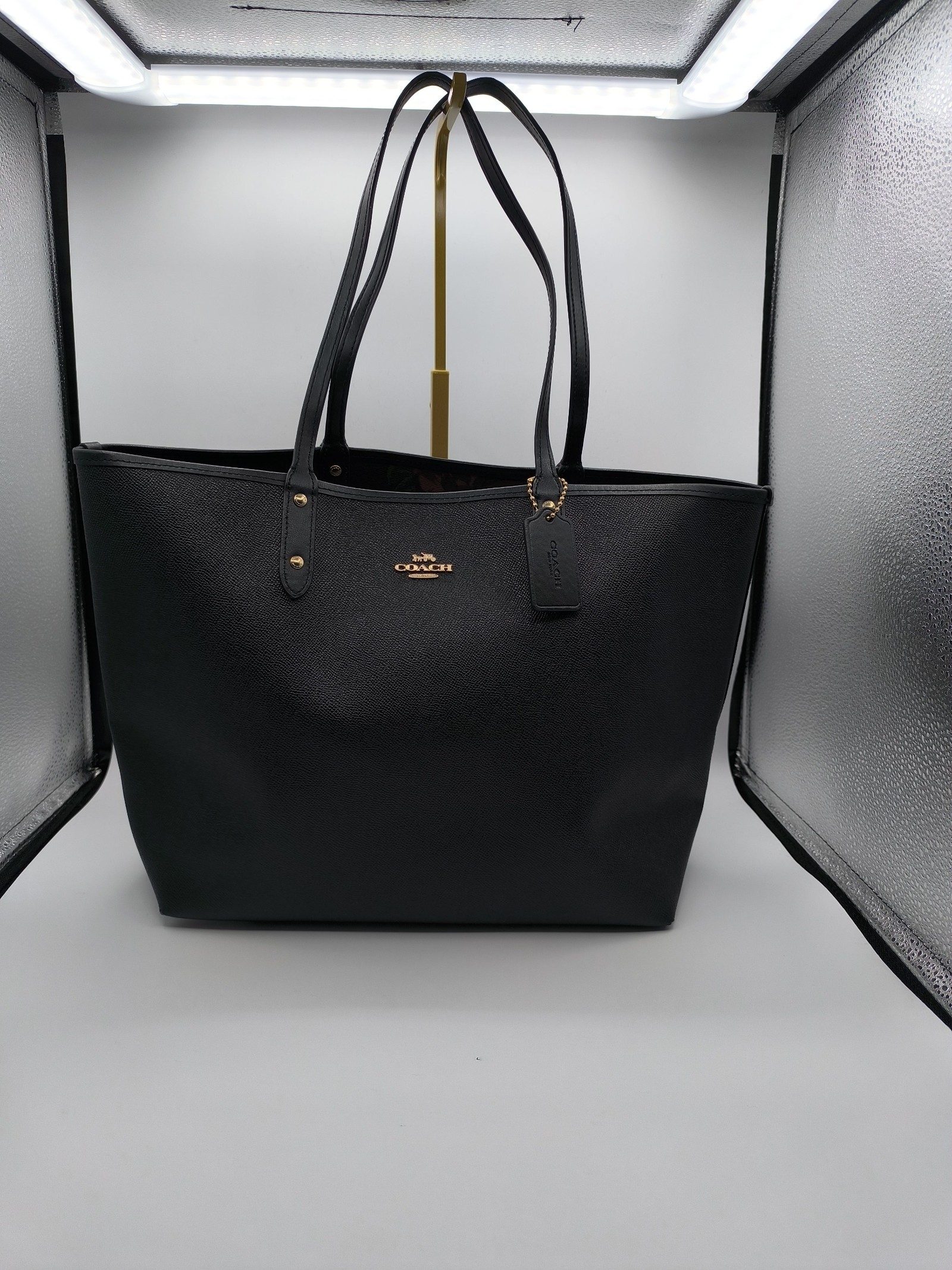 Coach Black Leather Tote Bag Gold Logo