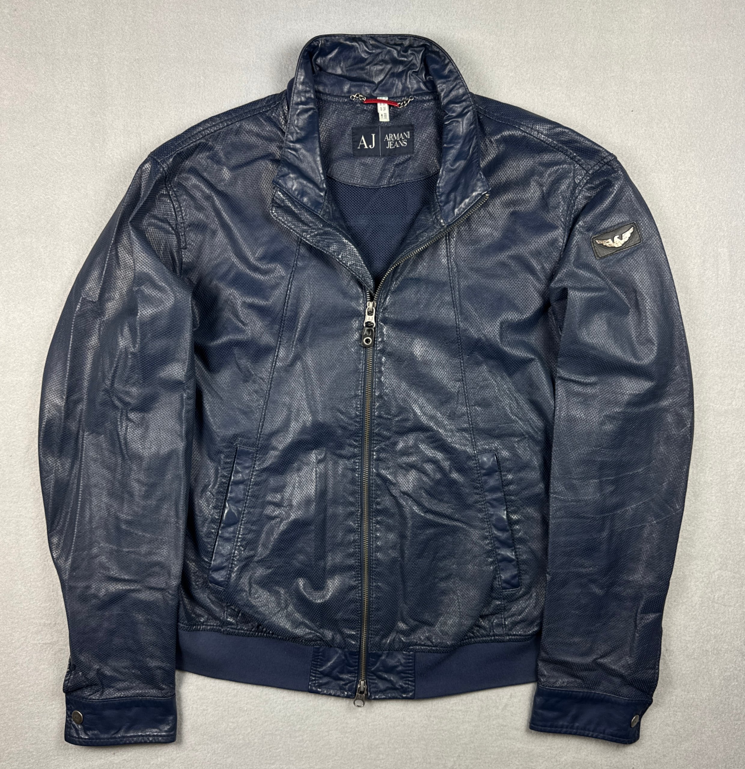 Armani Jeans Men's Navy Leather Biker Jacket Vintage Size XXL-XXXL
