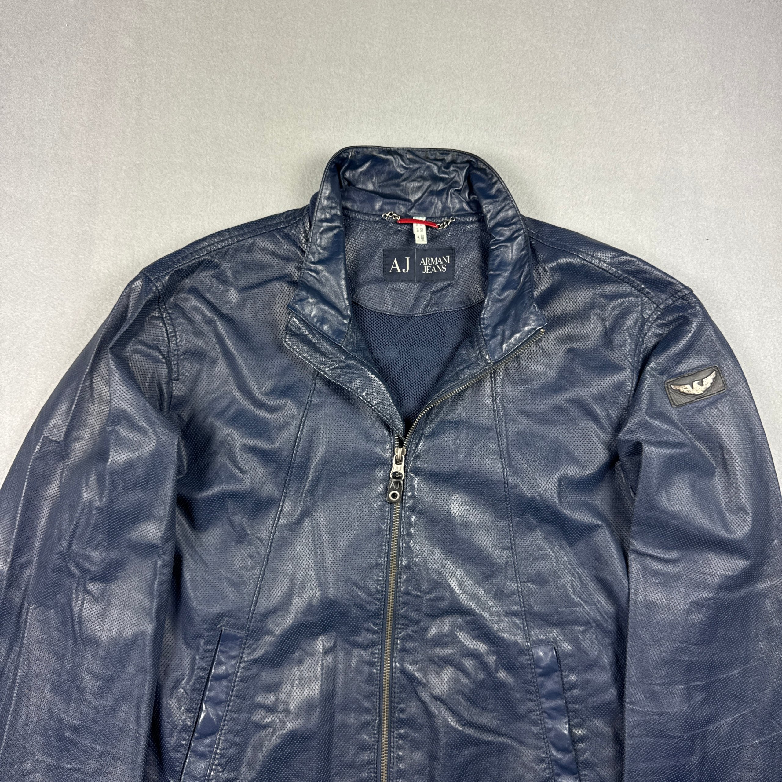 Armani Jeans Men's Navy Leather Biker Jacket Vintage Size XXL-XXXL image 4