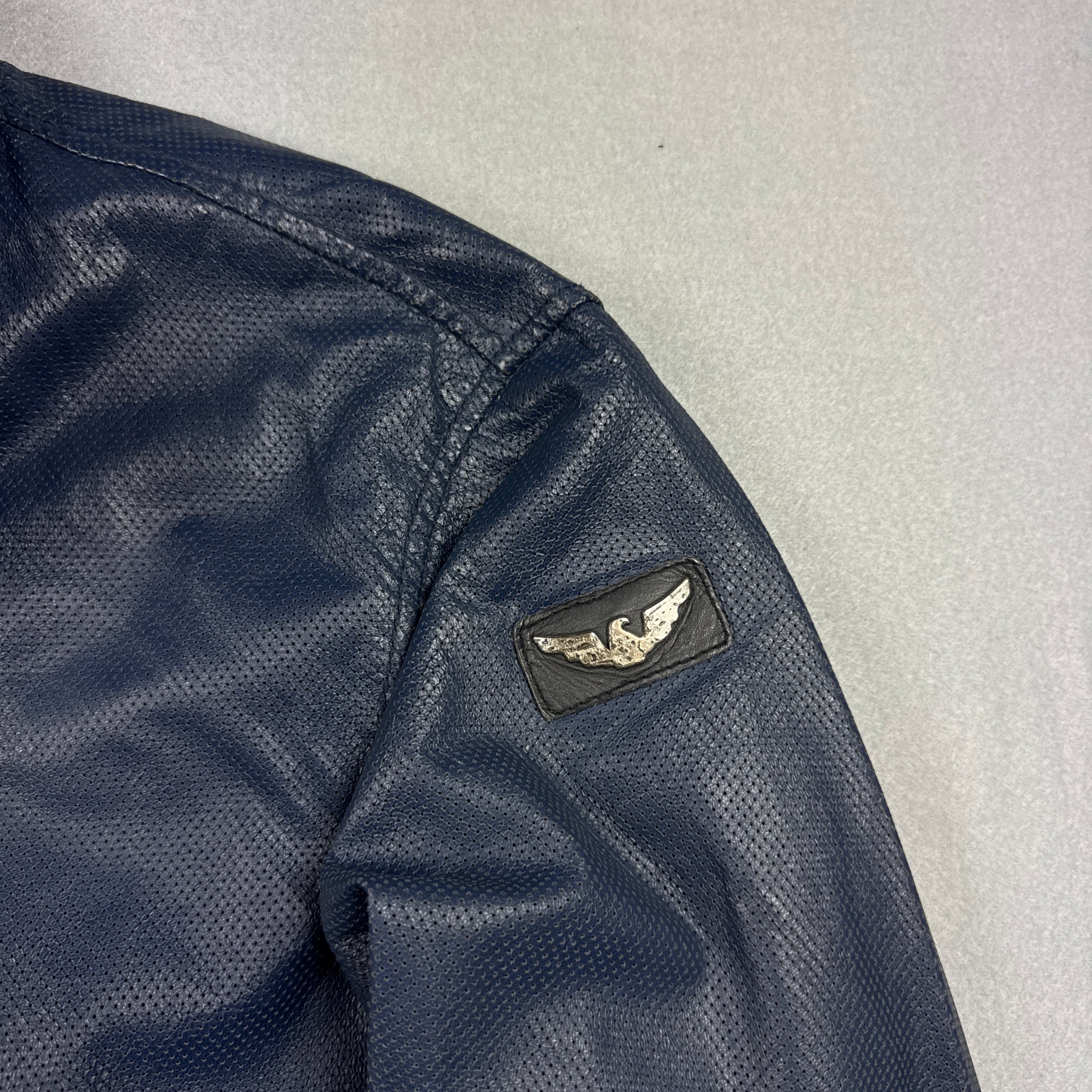 Armani Jeans Men's Navy Leather Biker Jacket Vintage Size XXL-XXXL image 6