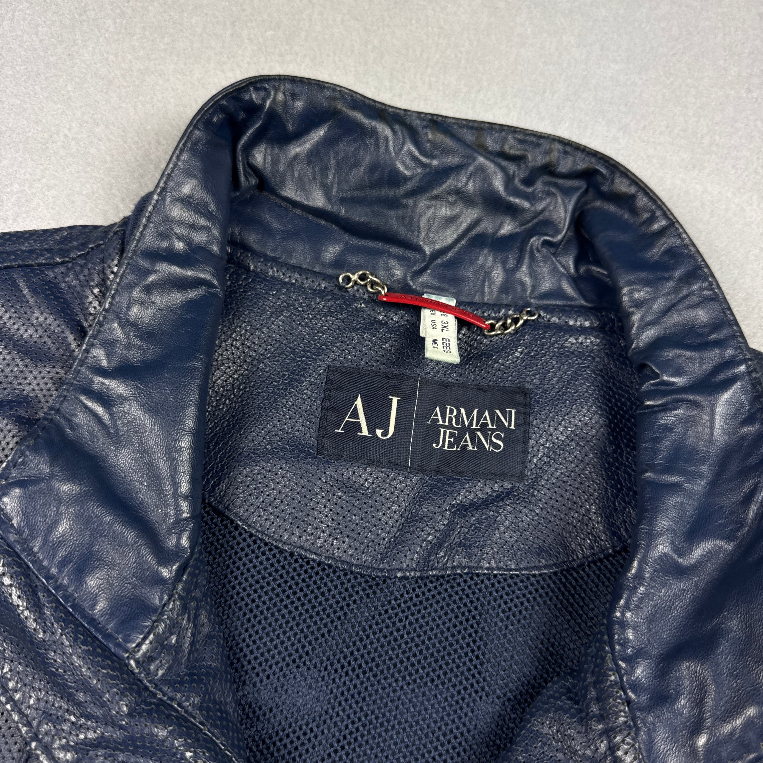 Armani Jeans Men's Navy Leather Biker Jacket Vintage Size XXL-XXXL image 7