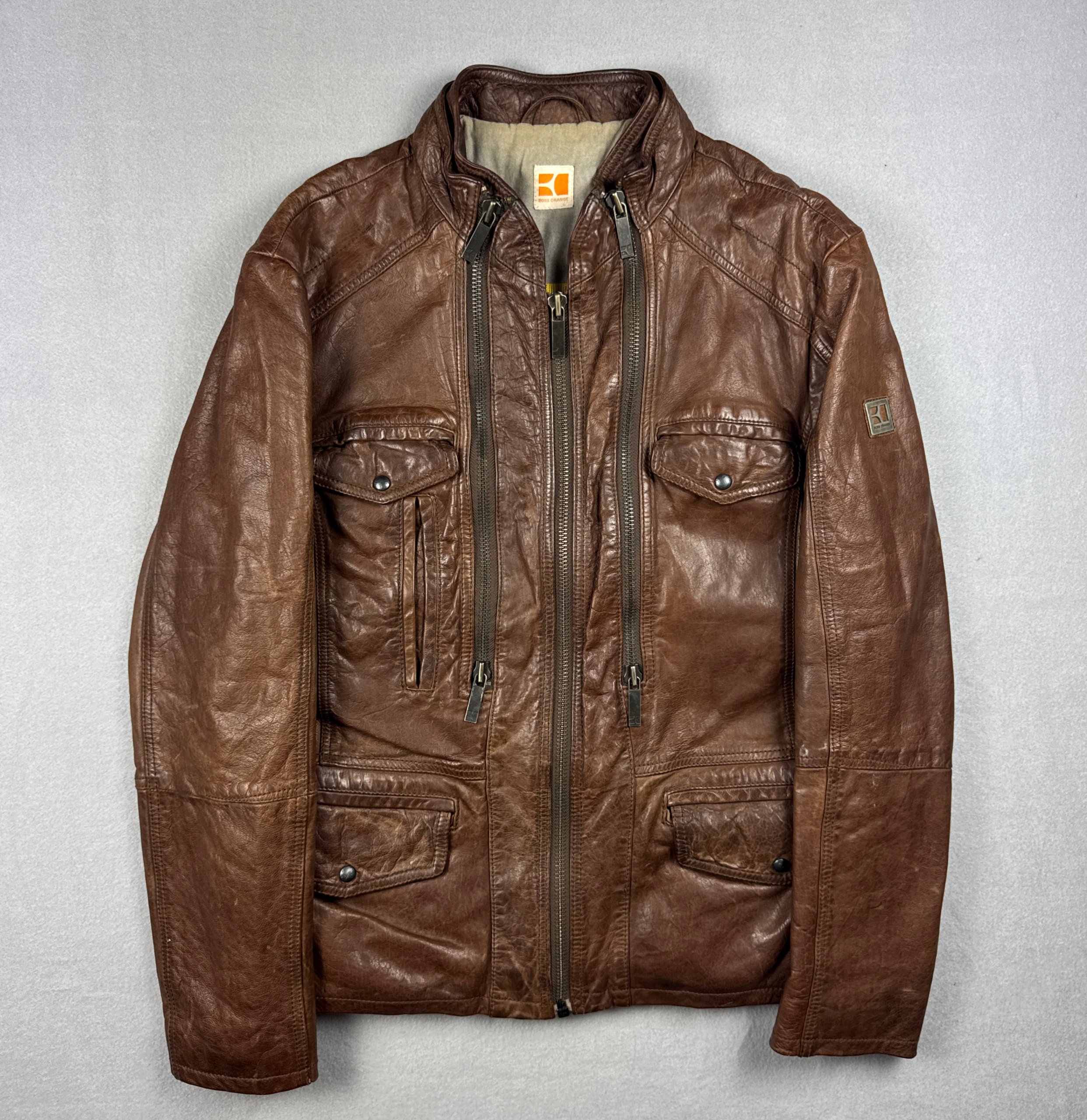 Hugo Boss Orange Brown Leather Biker Jacket Medium Genuine Leather Size M / 48