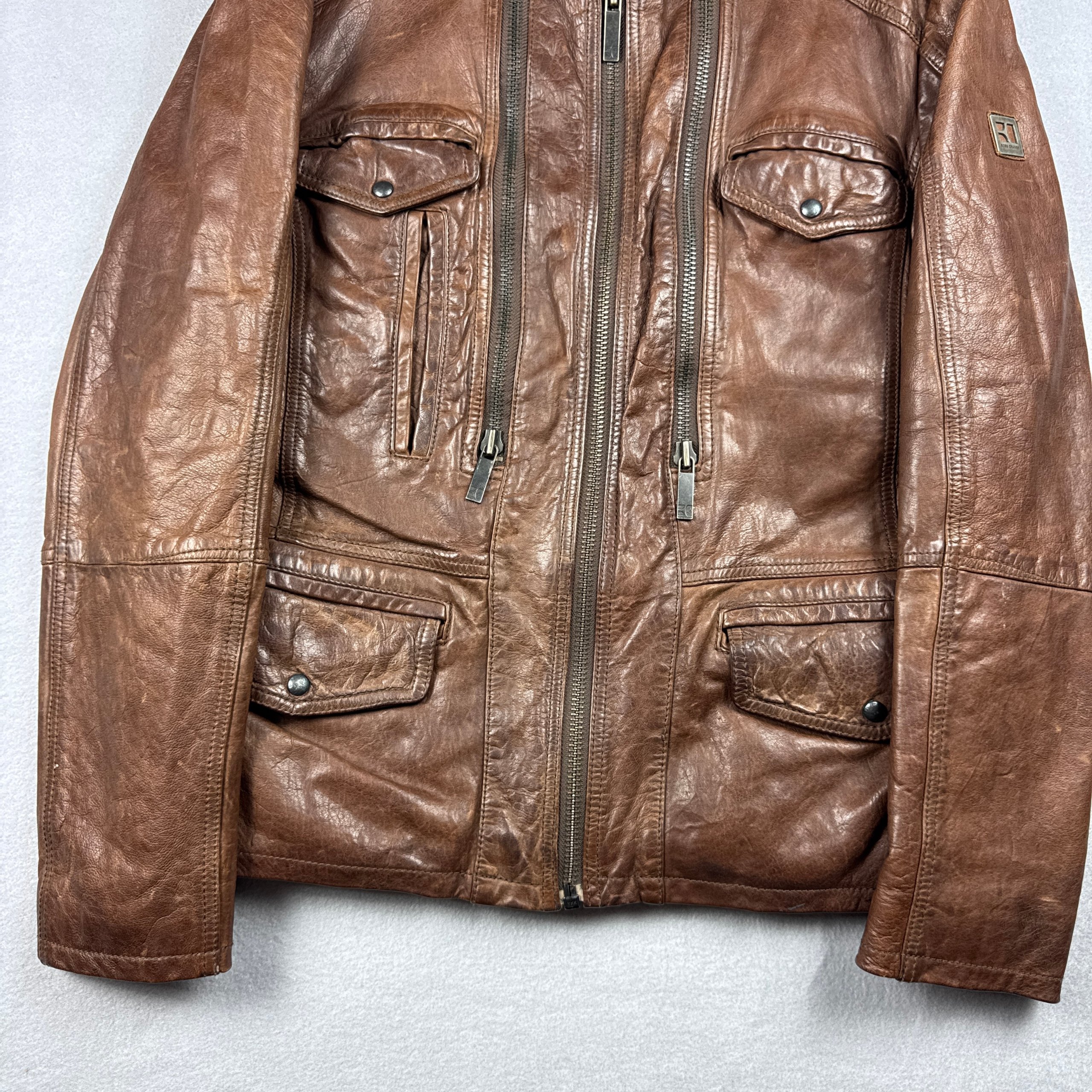 Hugo Boss Orange Brown Leather Biker Jacket Medium Genuine Leather Size M / 48 image 4
