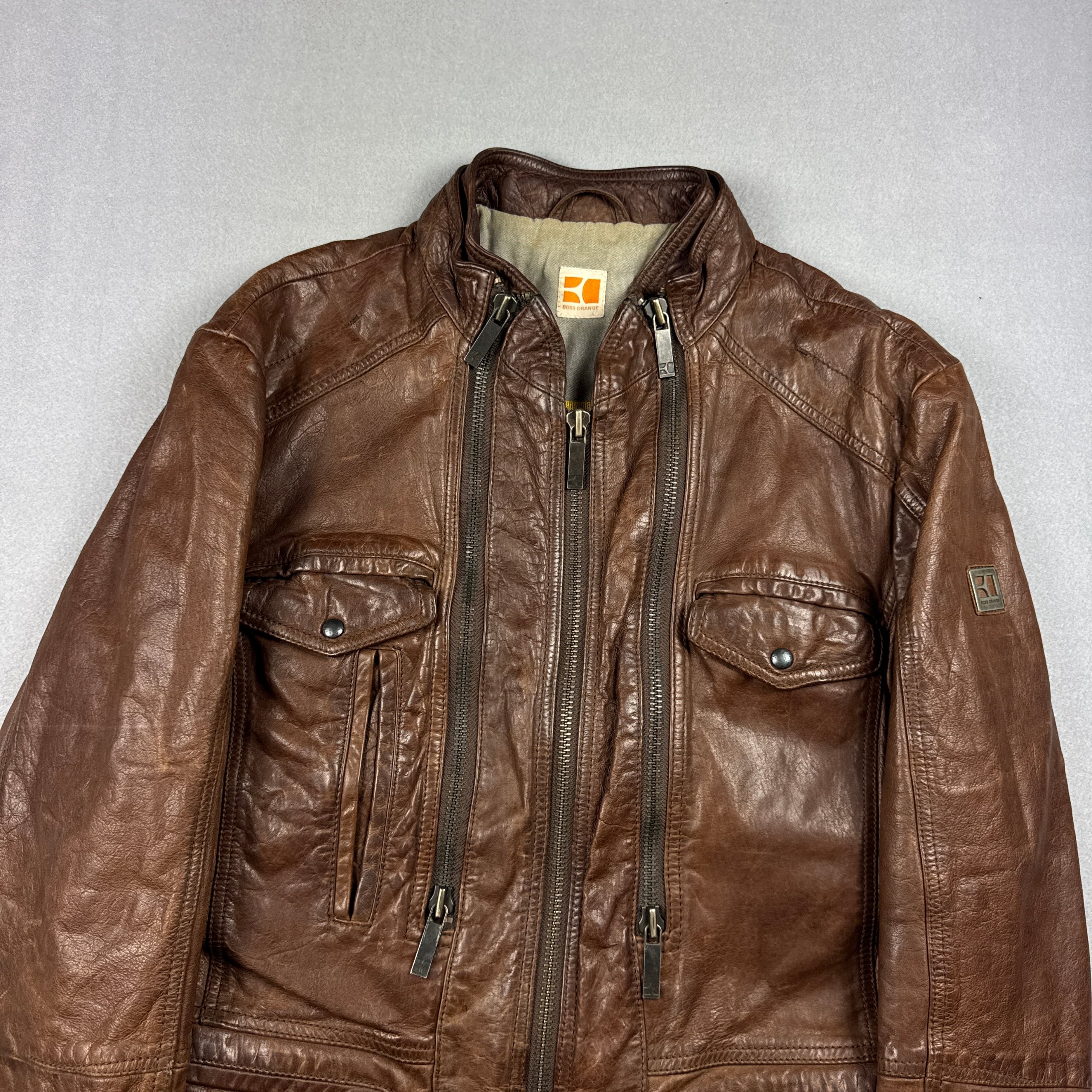Hugo Boss Orange Brown Leather Biker Jacket Medium Genuine Leather Size M / 48 image 5