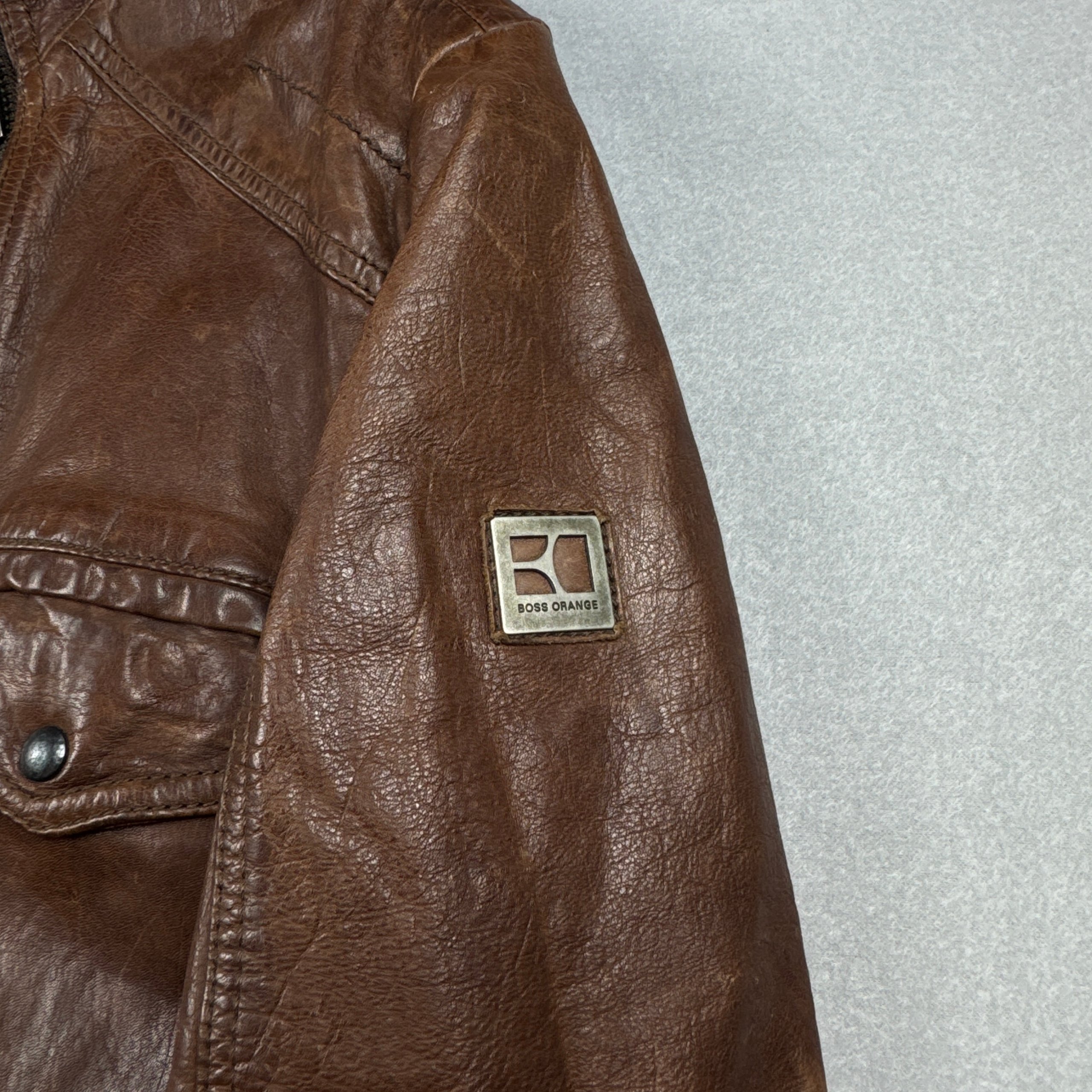 Hugo Boss Orange Brown Leather Biker Jacket Medium Genuine Leather Size M / 48 image 6