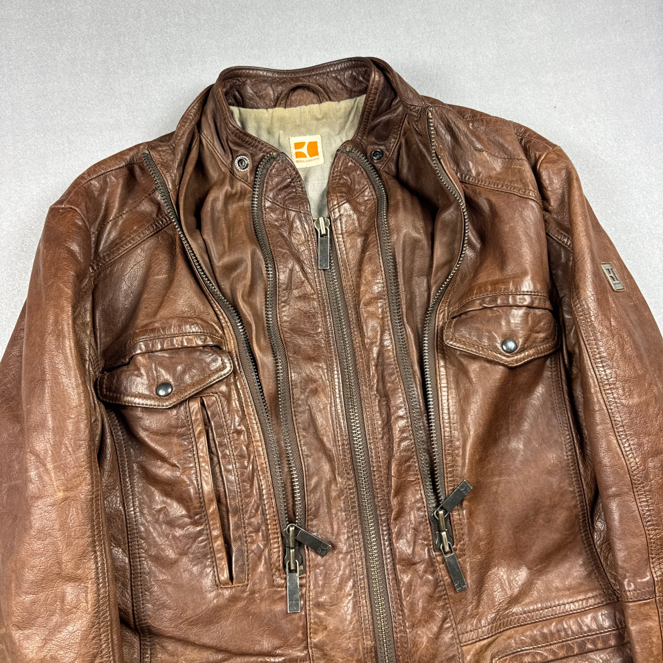 Hugo Boss Orange Brown Leather Biker Jacket Medium Genuine Leather Size M / 48 image 7