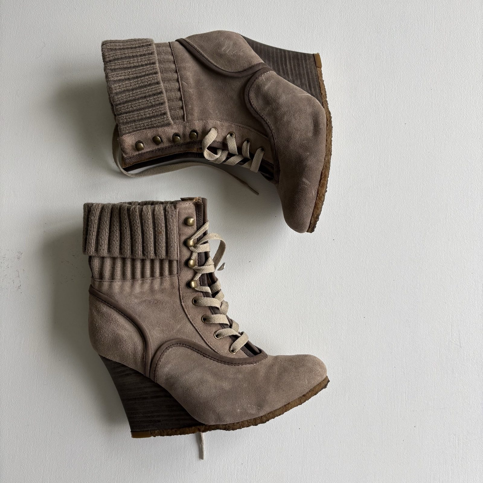 Taupe Suede Wedge Ankle Boots Size 6 Women's