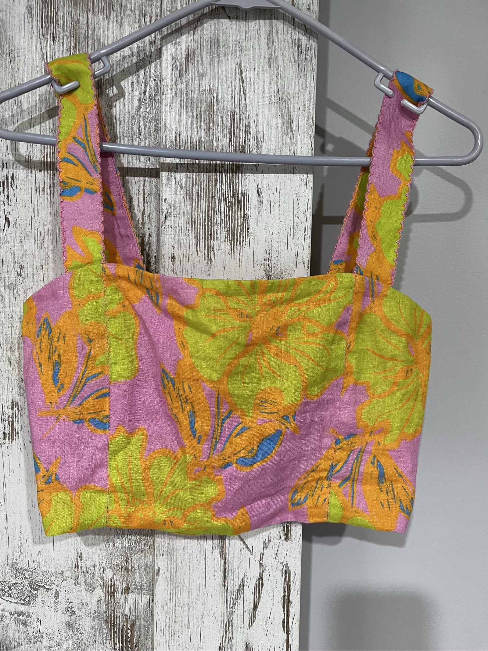 Versify Pink, Green & Orange Floral Linen Crop Top AUS 10