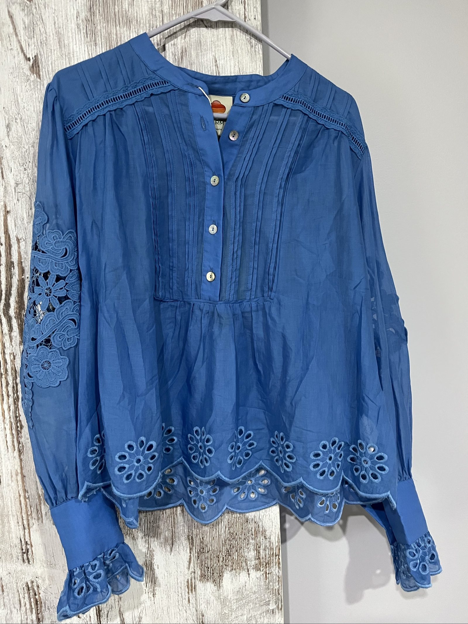 Farm Rio Organic Cotton Blue Lace & Embroidery Blouse Medium
