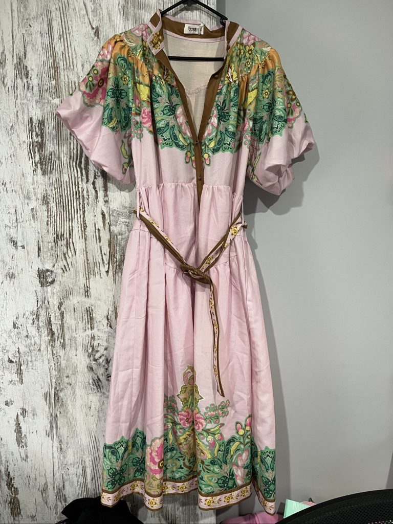 27SE Pink & Green Floral Print Midi Dress XL with Belt