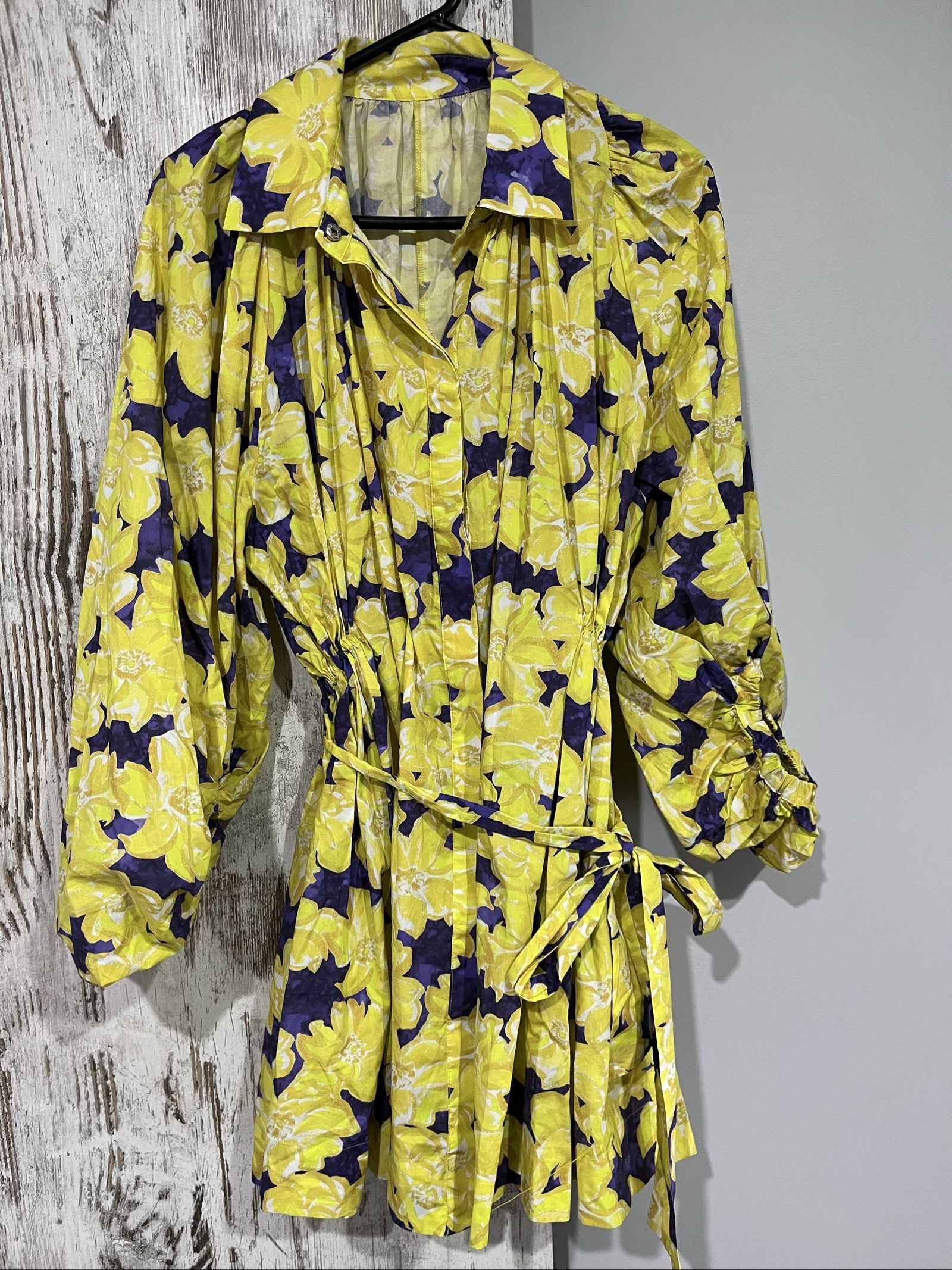 Aureta Yellow & Purple Floral Women’s Belted Blouse Tunic Medium