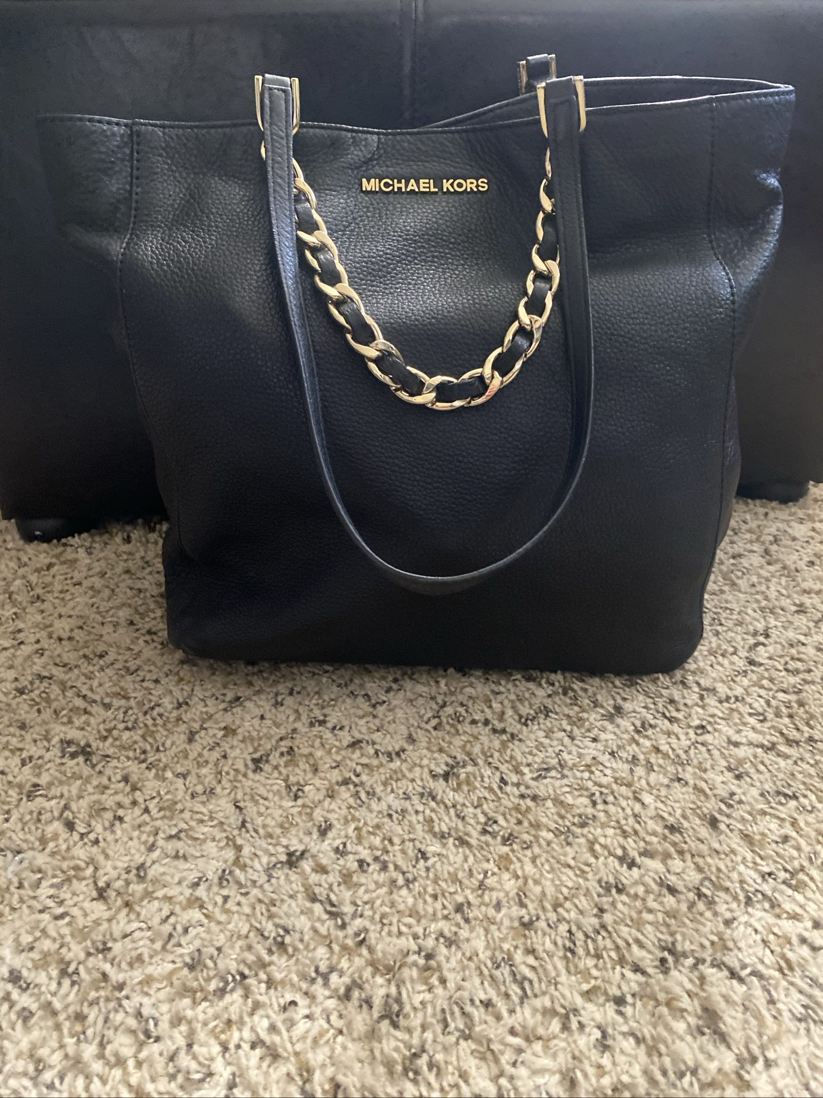 Michael Kors Black Leather Tote Bag Gold Chain Detail