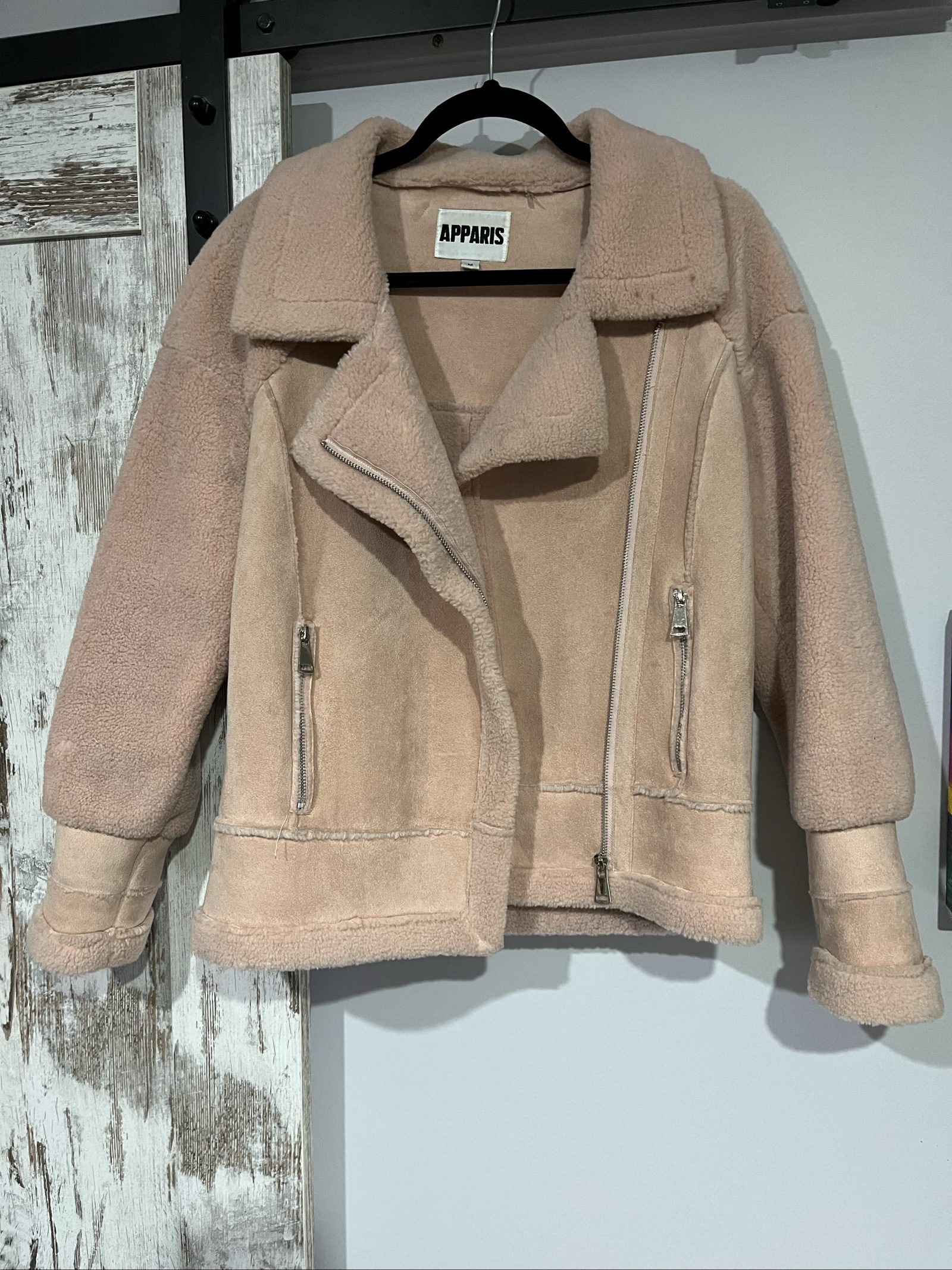 Apparis Beige Faux Shearling Biker Jacket Medium