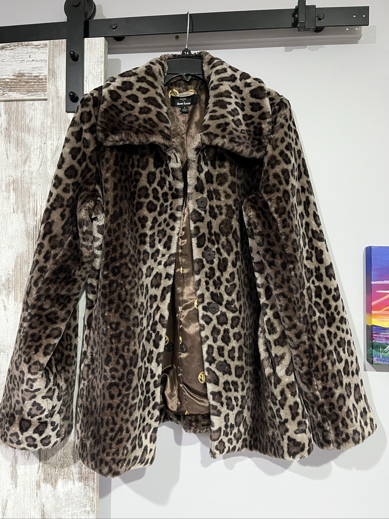 Dennis Basso Women's Brown Leopard Print Faux Fur Coat Small