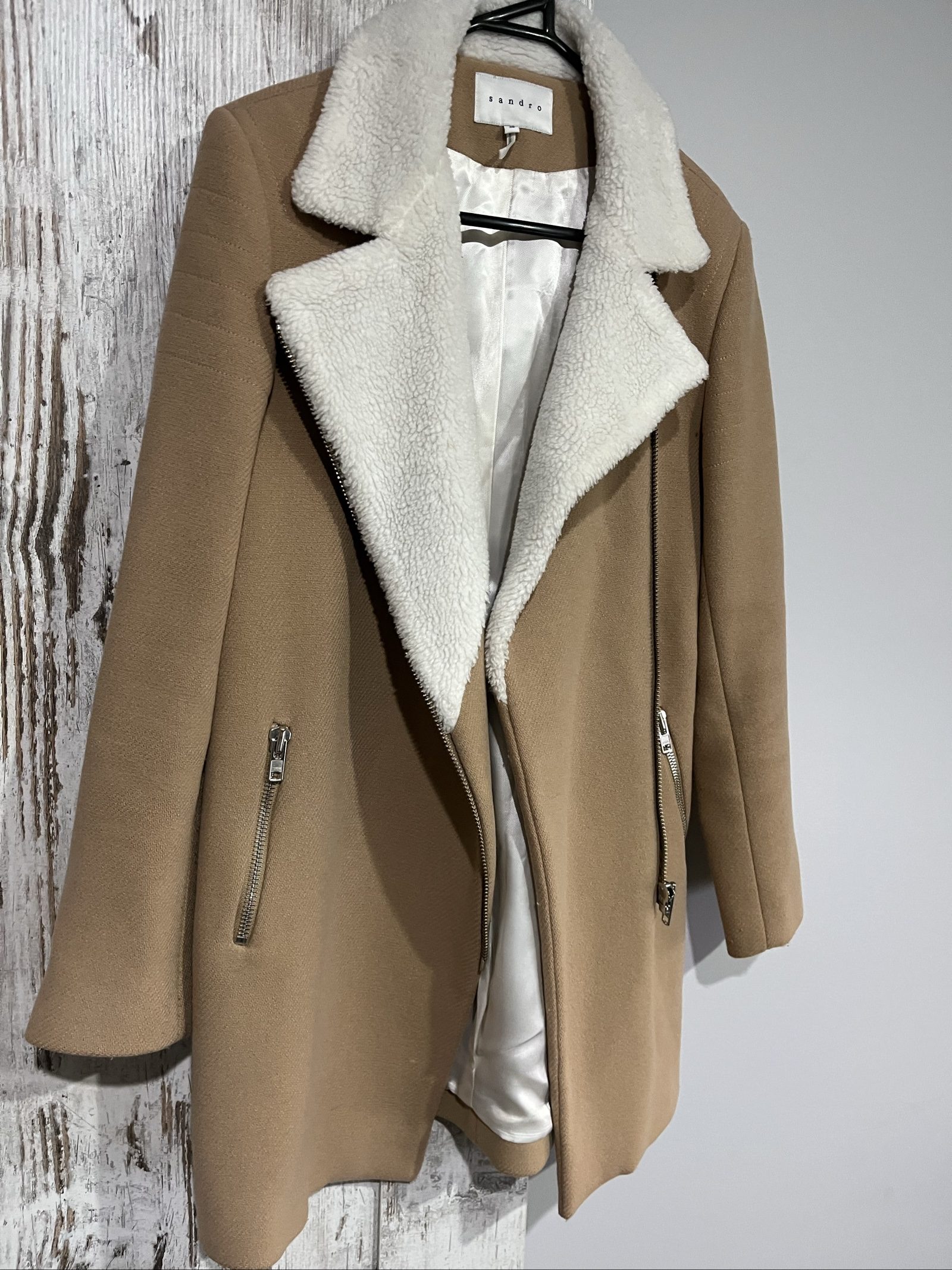 Sandro Camel & White Faux Shearling Coat Size 36 image 4