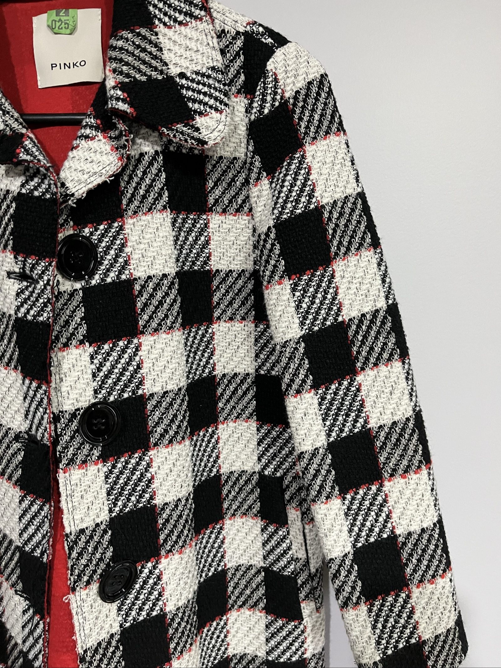 Pinko Black & White Checkered Coat Large Red Lining image 2