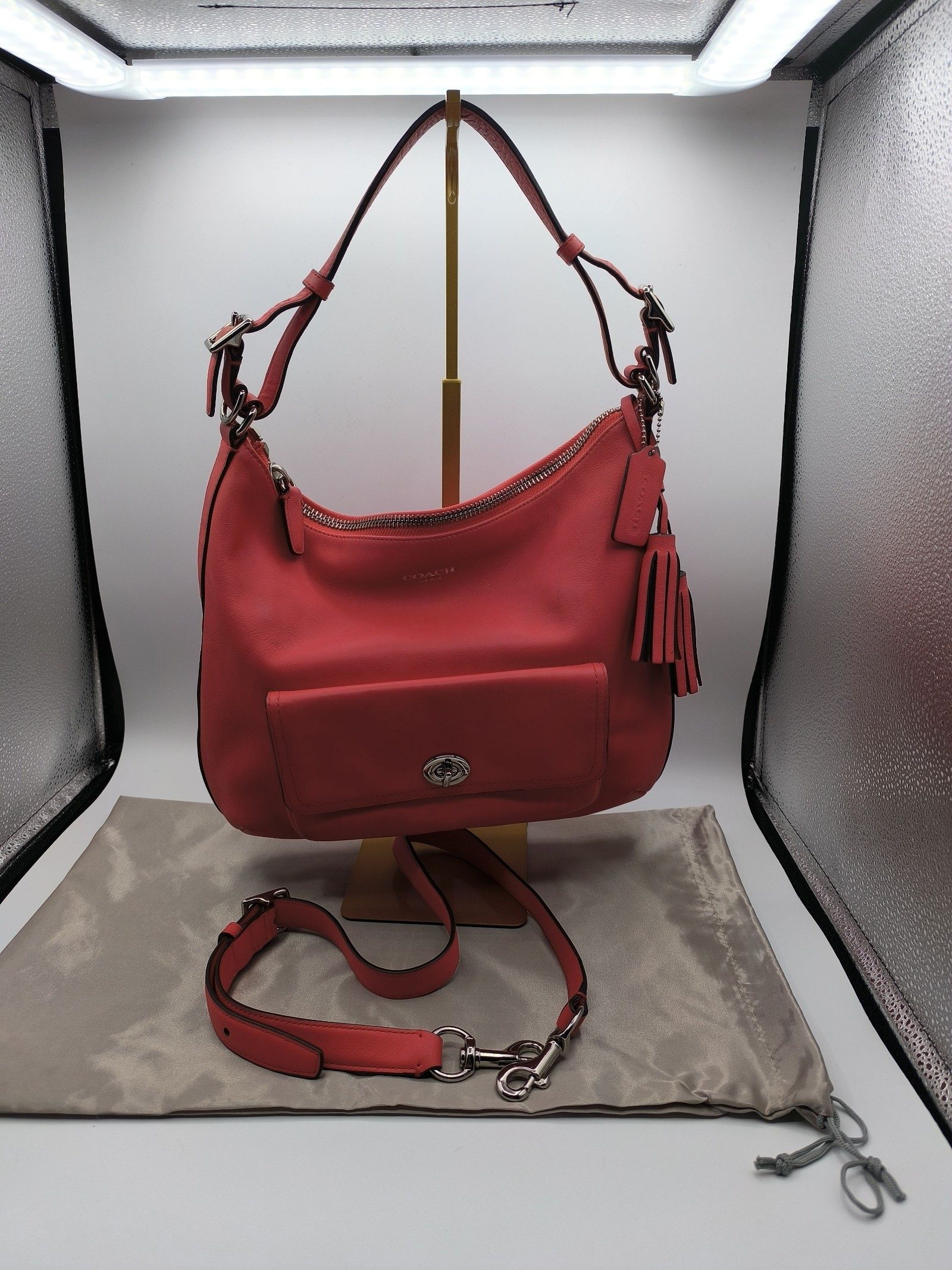 Coach Coral Pink Leather Shoulder Bag with Adjustable Strap