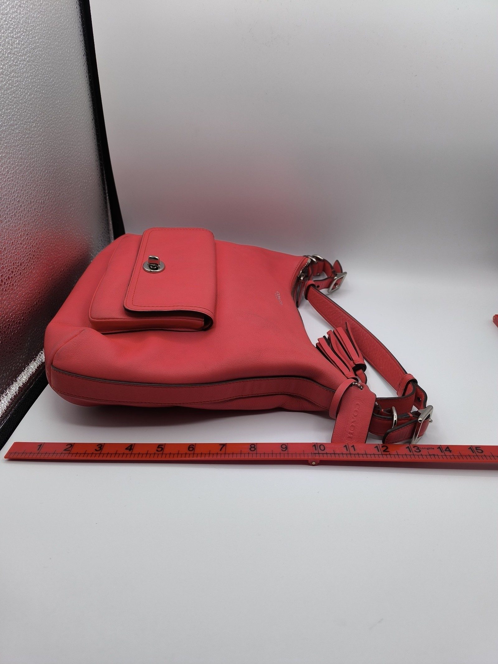 Coach Coral Pink Leather Shoulder Bag with Adjustable Strap image 9